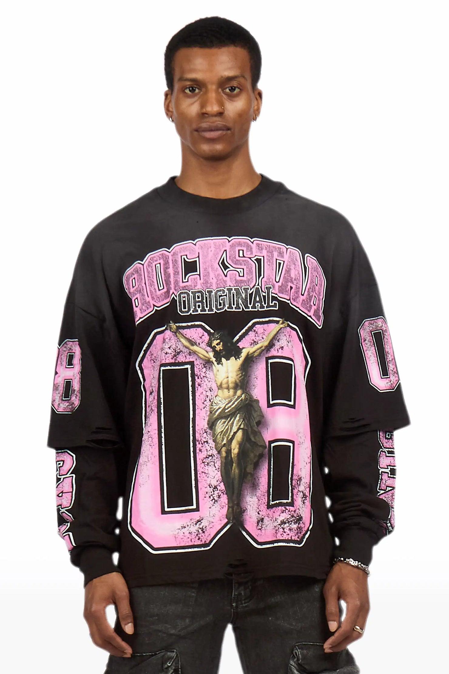 Fields Black/Pink Double Layer Long Sleeve Graphic T-Shirt