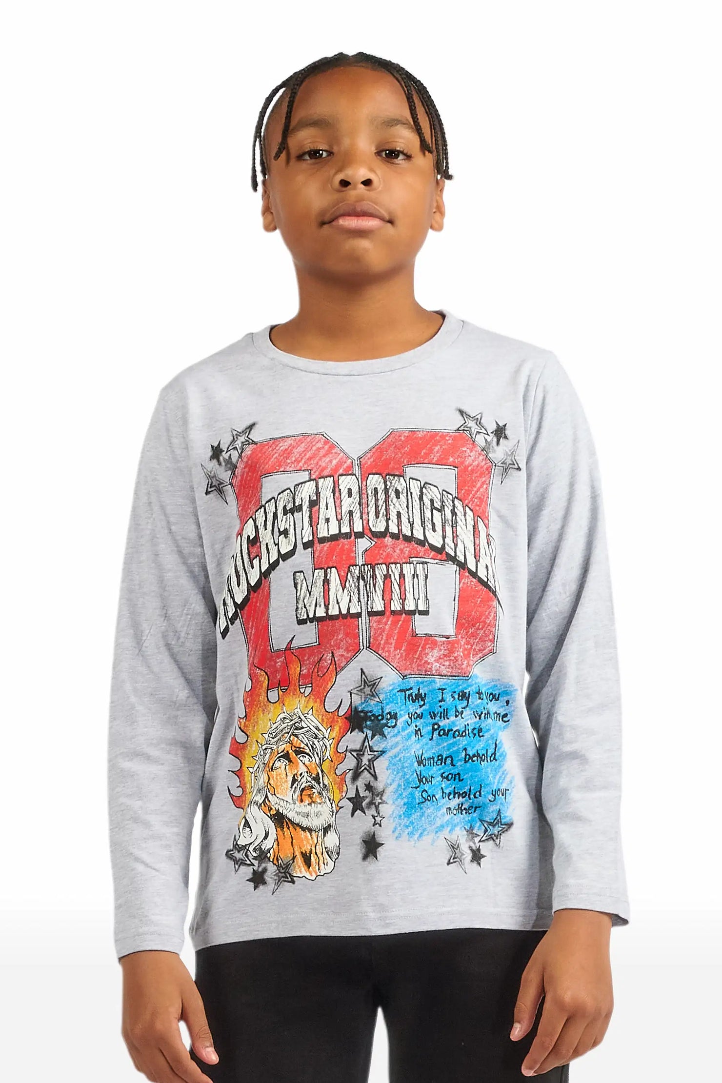 Boys Jesus Crayon Heather Grey Long Sleeve Graphic T-Shirt