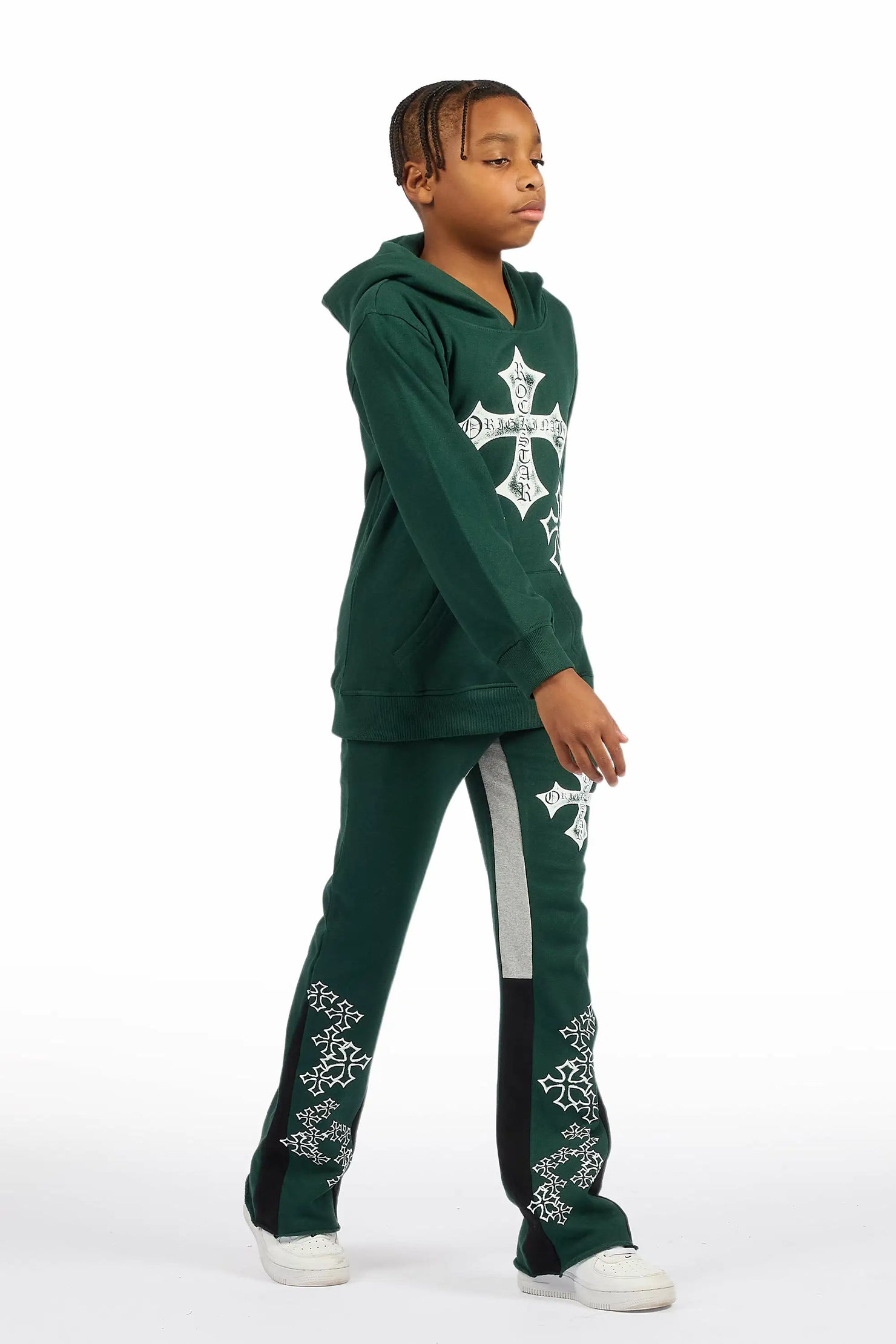 Boys Marizon Green/White Hoodie/Stacked Flare Track Set