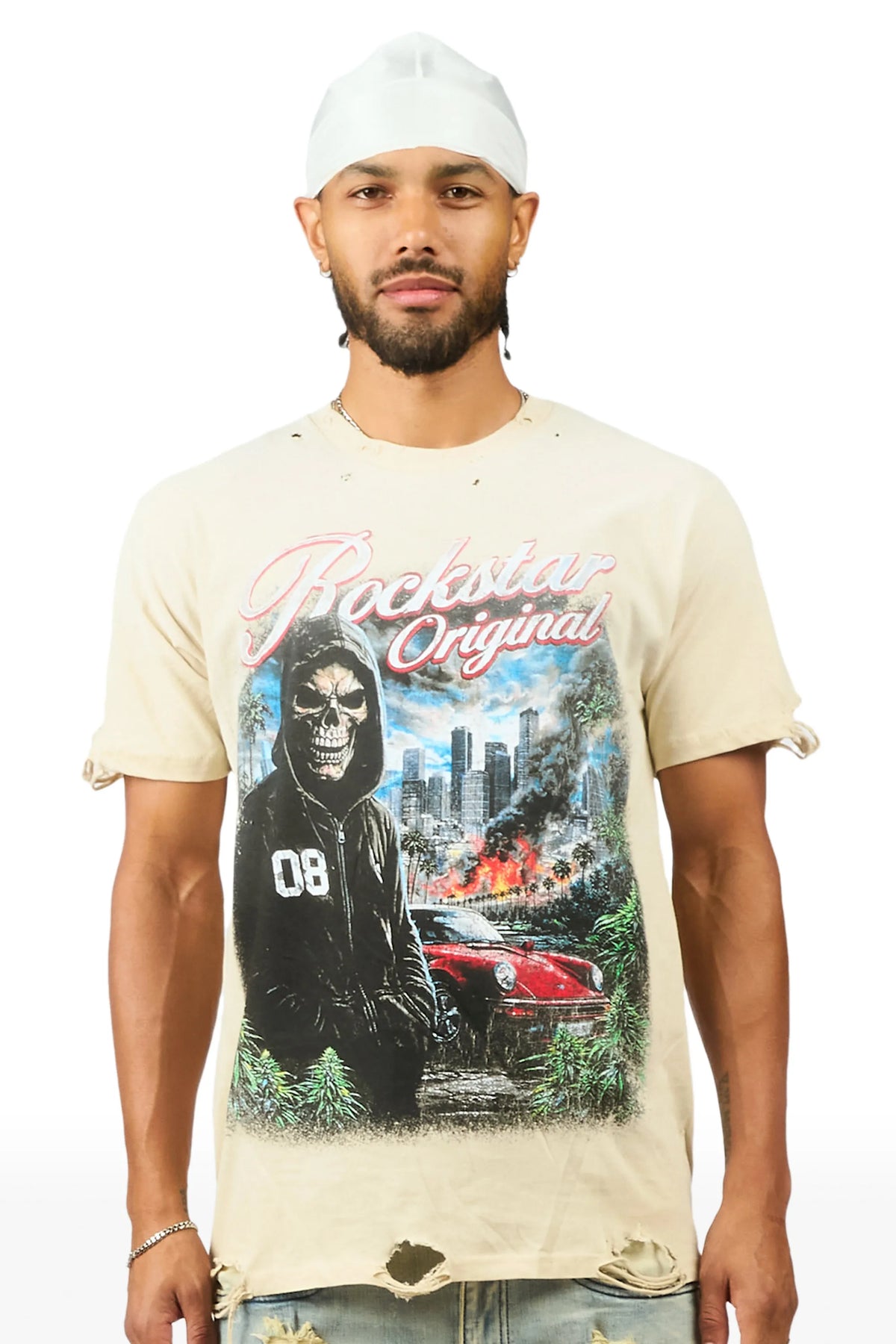 Tavian Beige Oversized Graphic T-Shirt