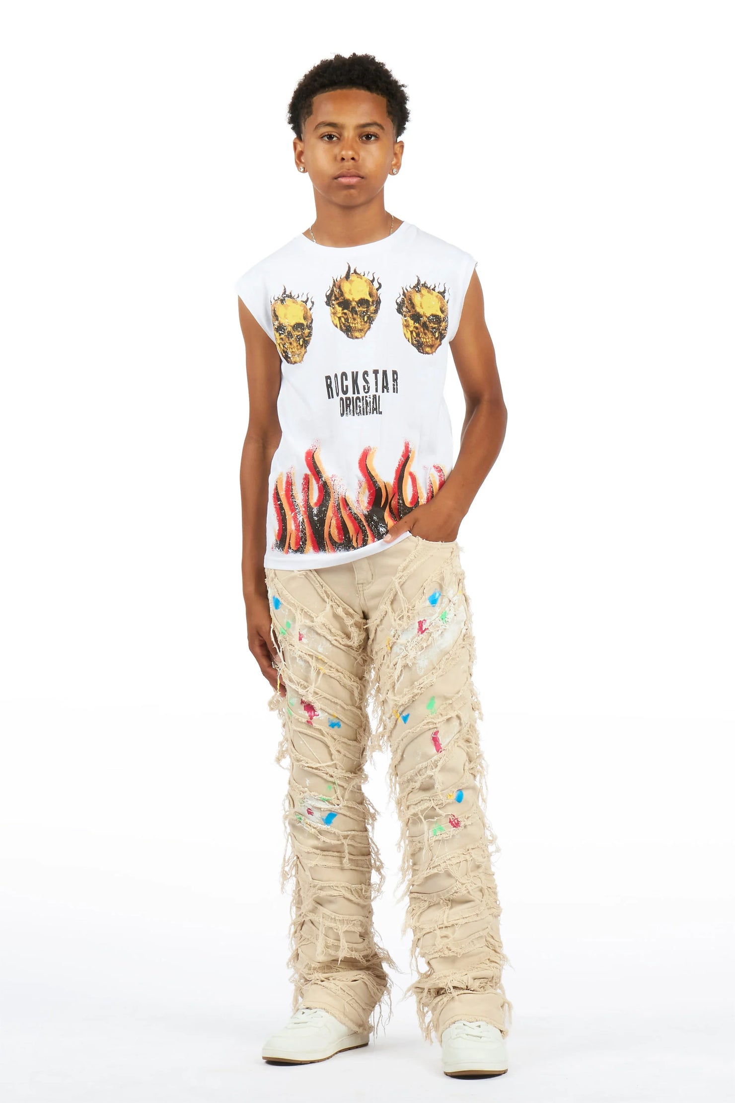 Boys Maezar White Cut Off Graphic T-Shirt