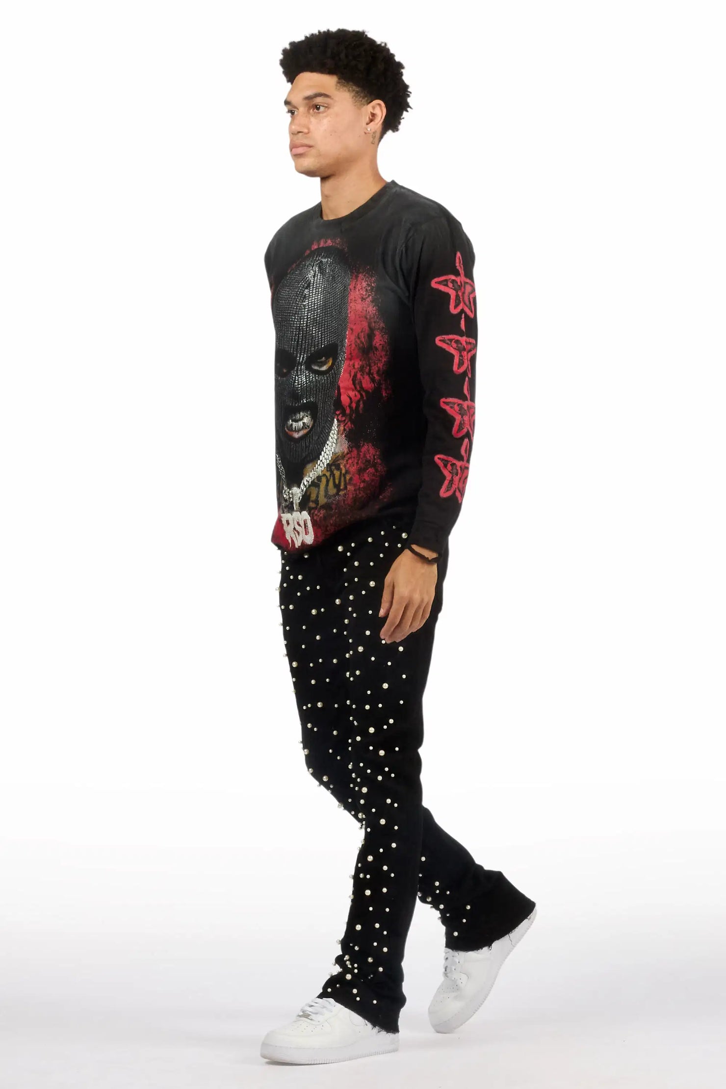 Phreal Jet Black Rhinestone Stacked Flare Jean