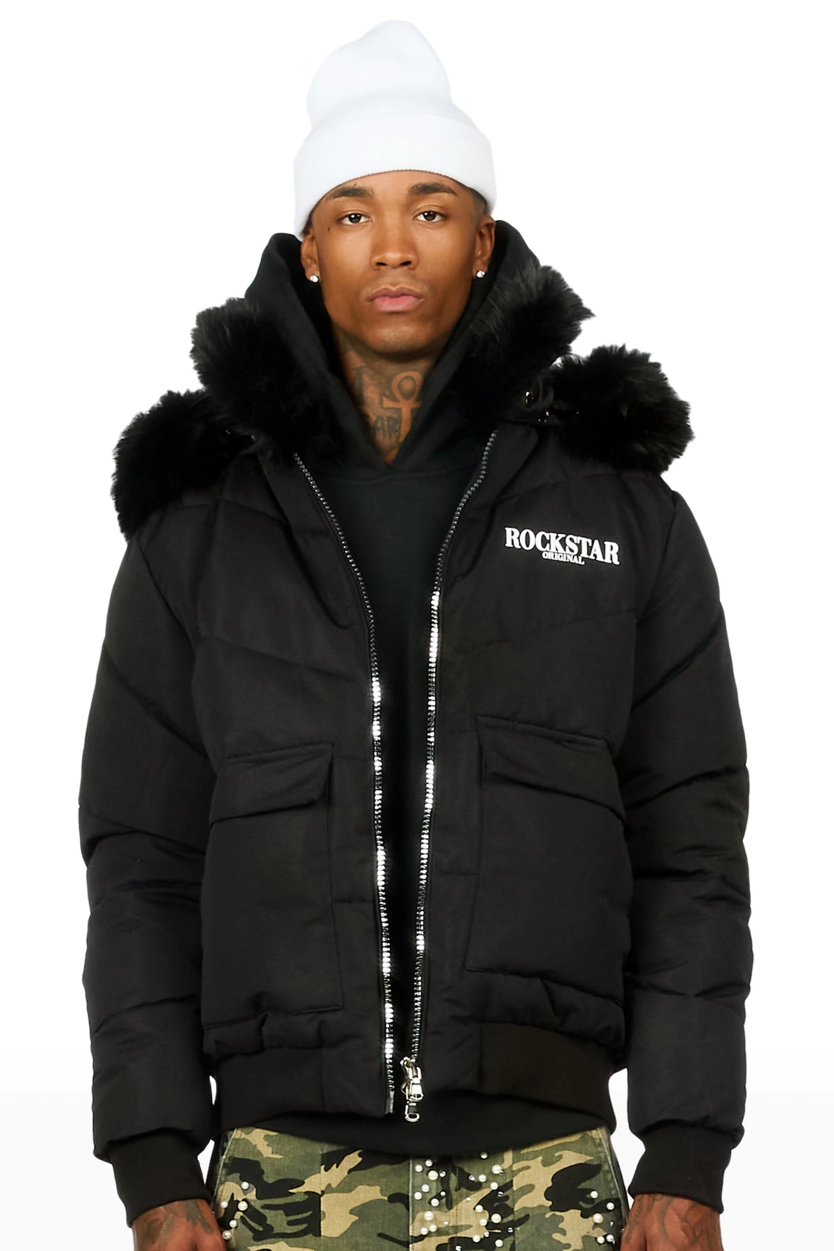 Langston Black Puffer Jacket with Fur Hood