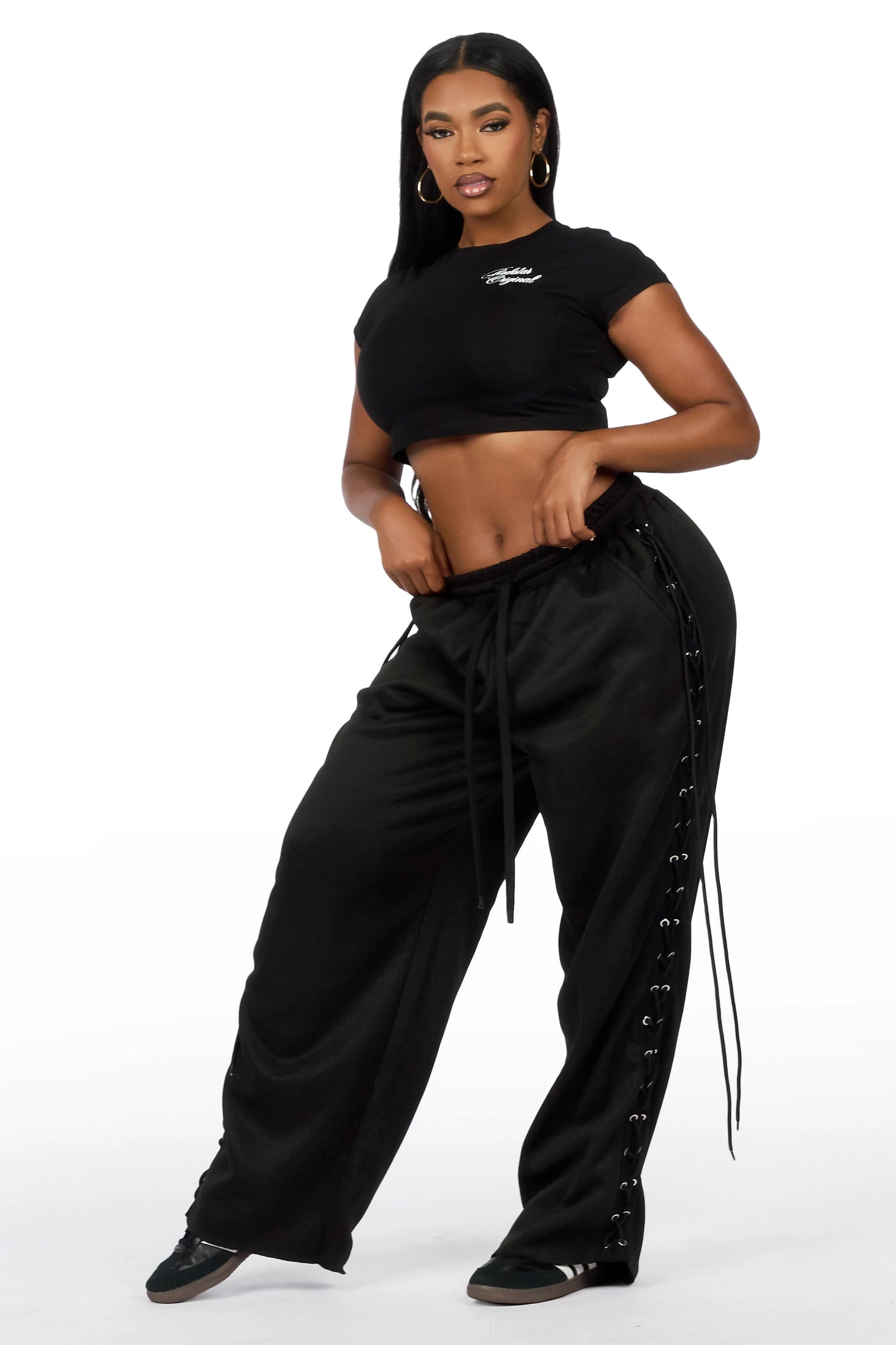 Desire Black Lace Up  Crop T-Shirt Baggy Track Set
