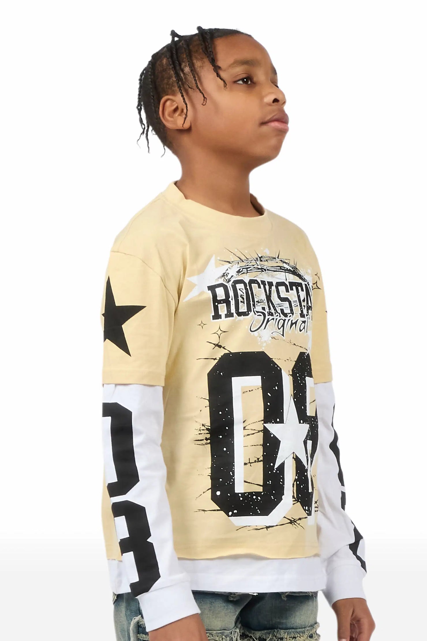 Boys Allstar Beige/Black Double Layer L/S Graphic T-Shirt