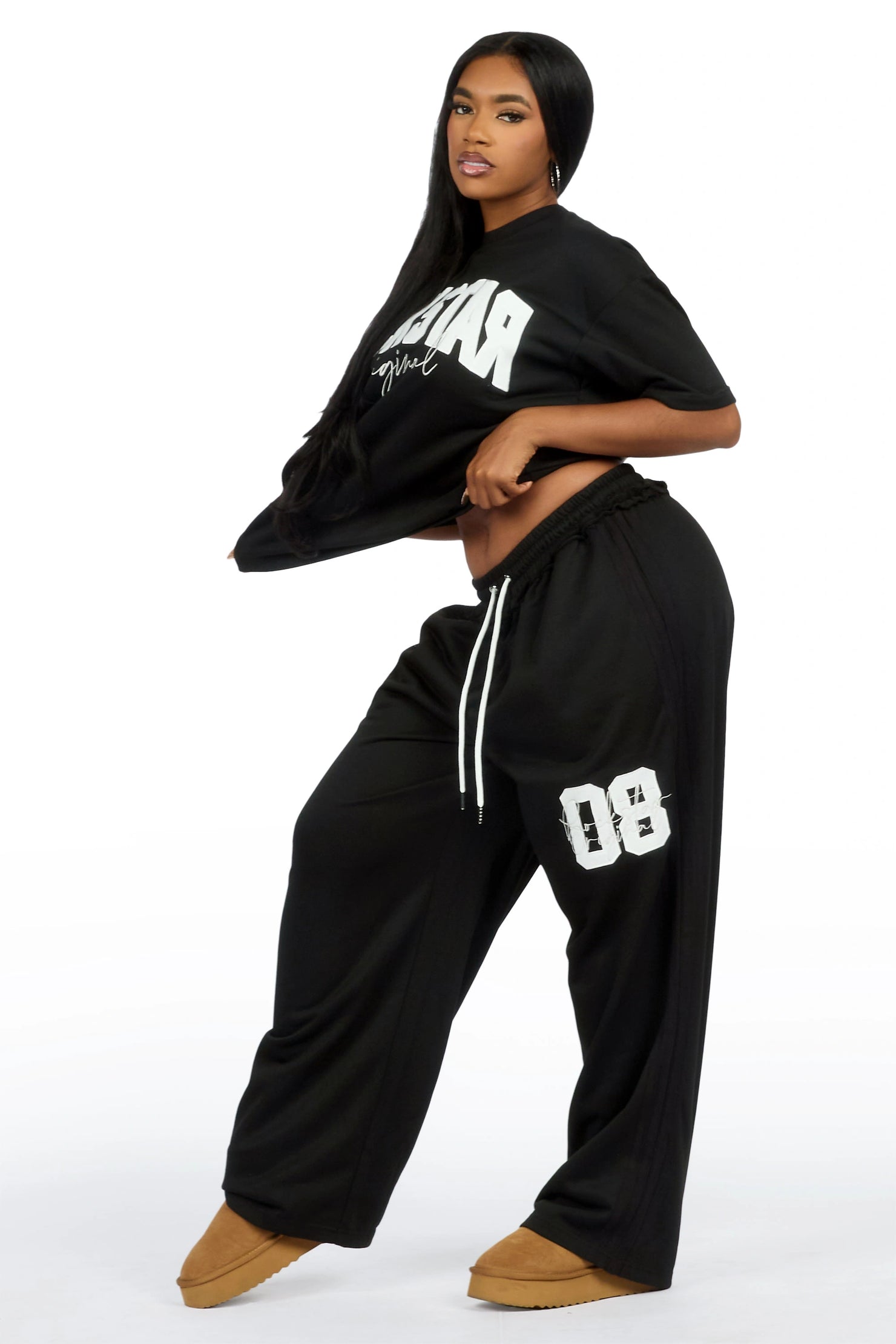 Cheyane Black French Terry Chenille Tee/ French Terry Relaxed Track Set