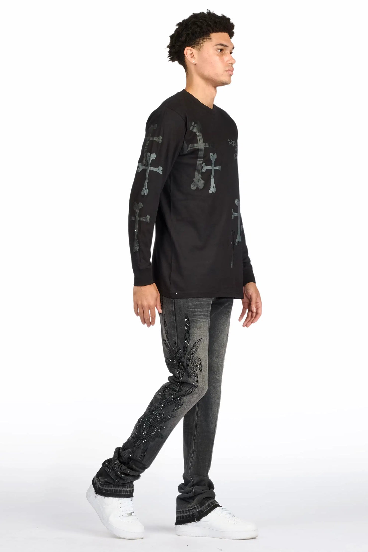 Shamaz Rhinestone Dark Grey Stacked Flare Jean