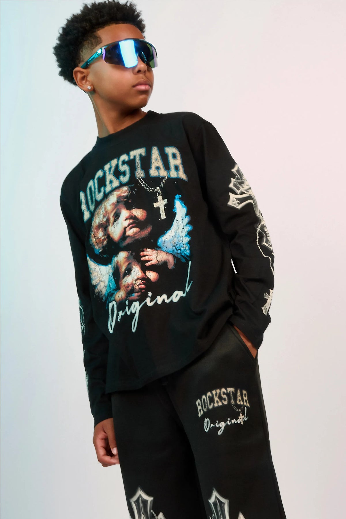 Boys Deiter Black/Black Long Sleeve  Graphic T-Shirt Track Set