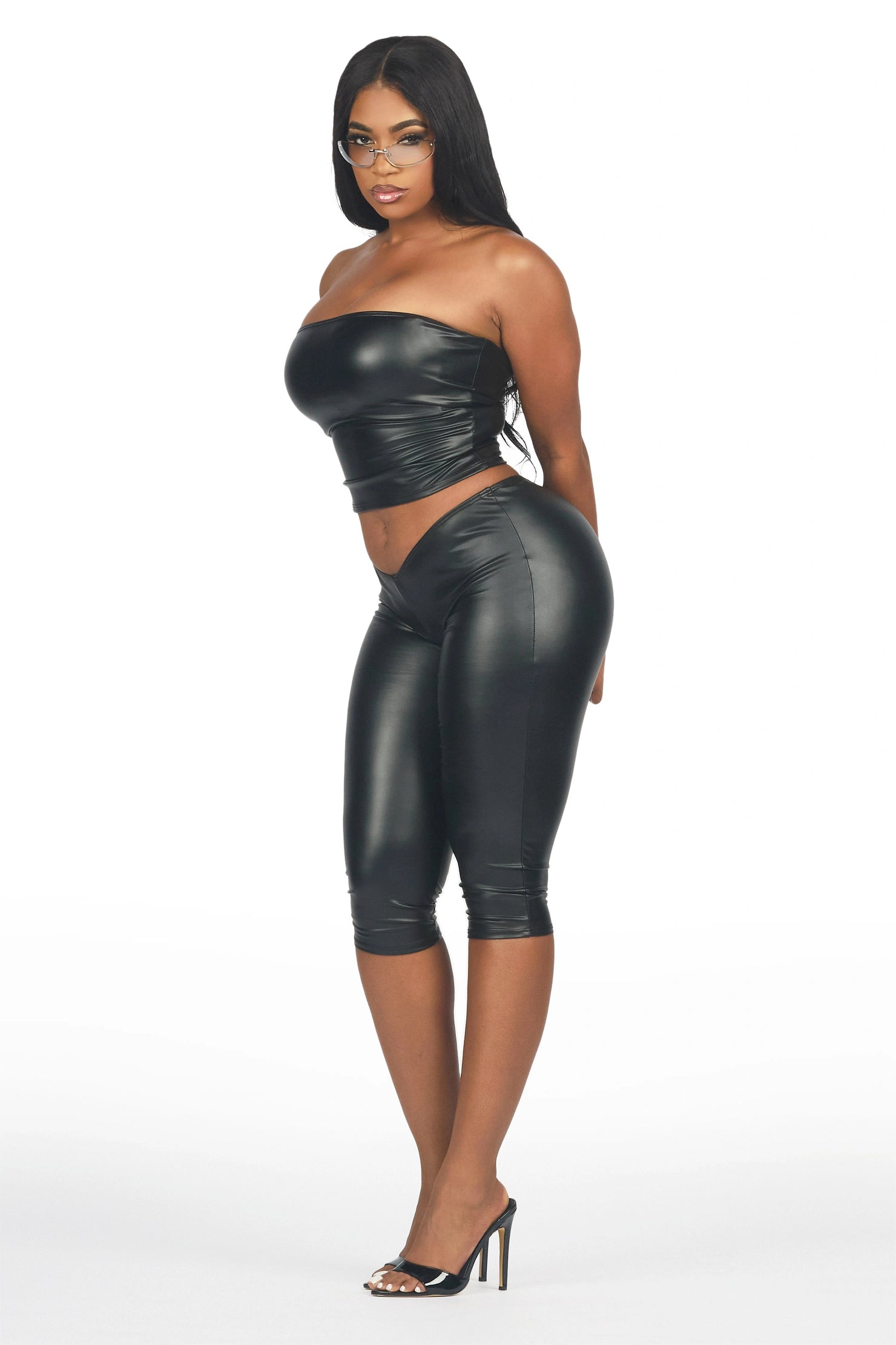 Deep V Pleather Black Capri Set