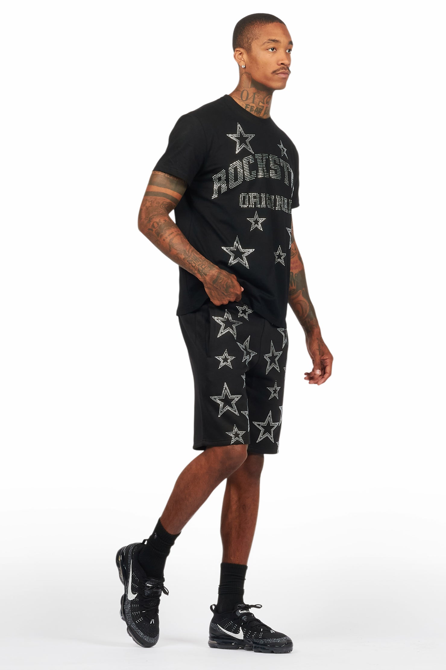 Nox Black Rhinestone T Shirt Short Set