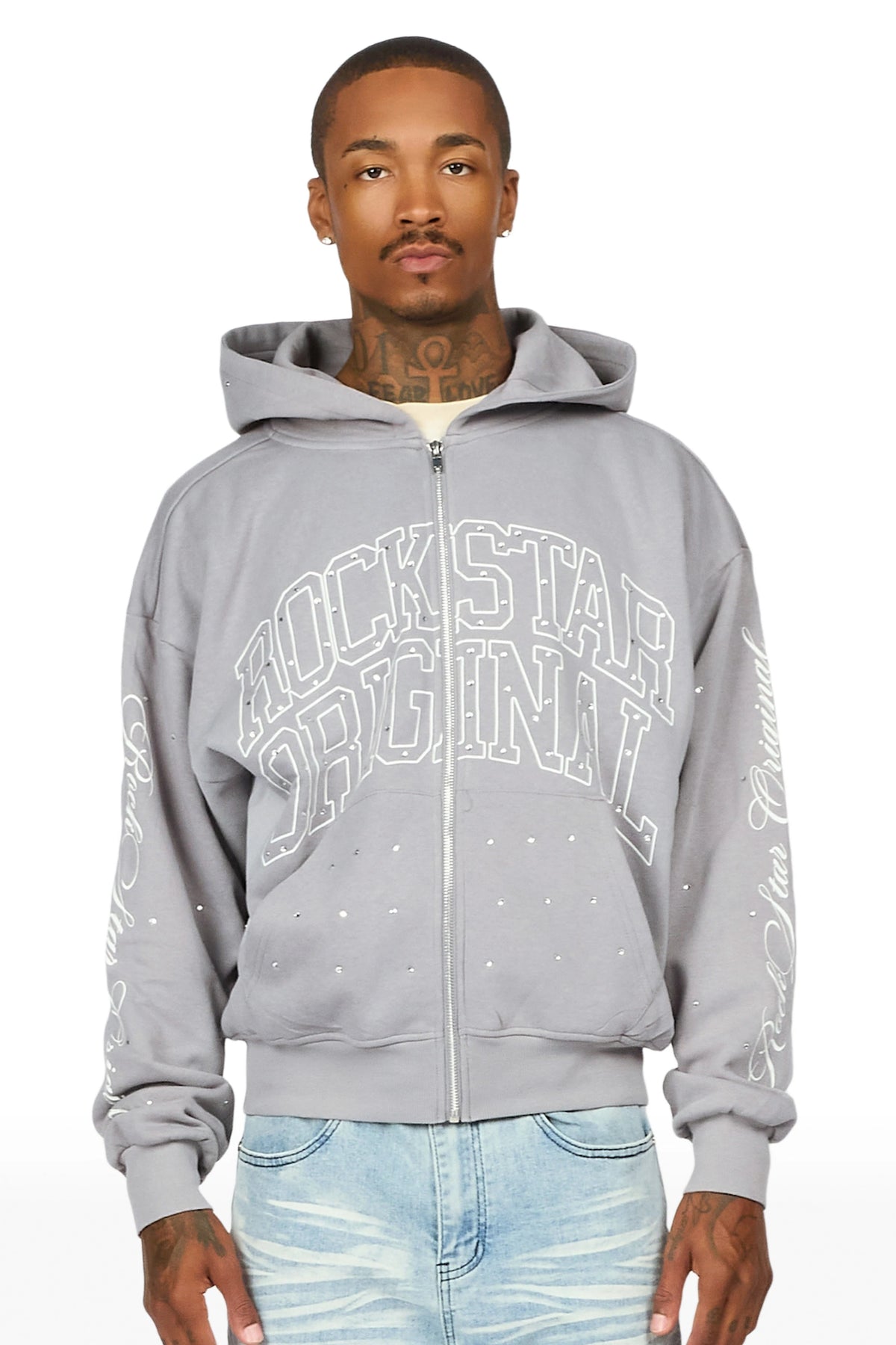 Dripped Vintage Grey Rhinestone Hoodie