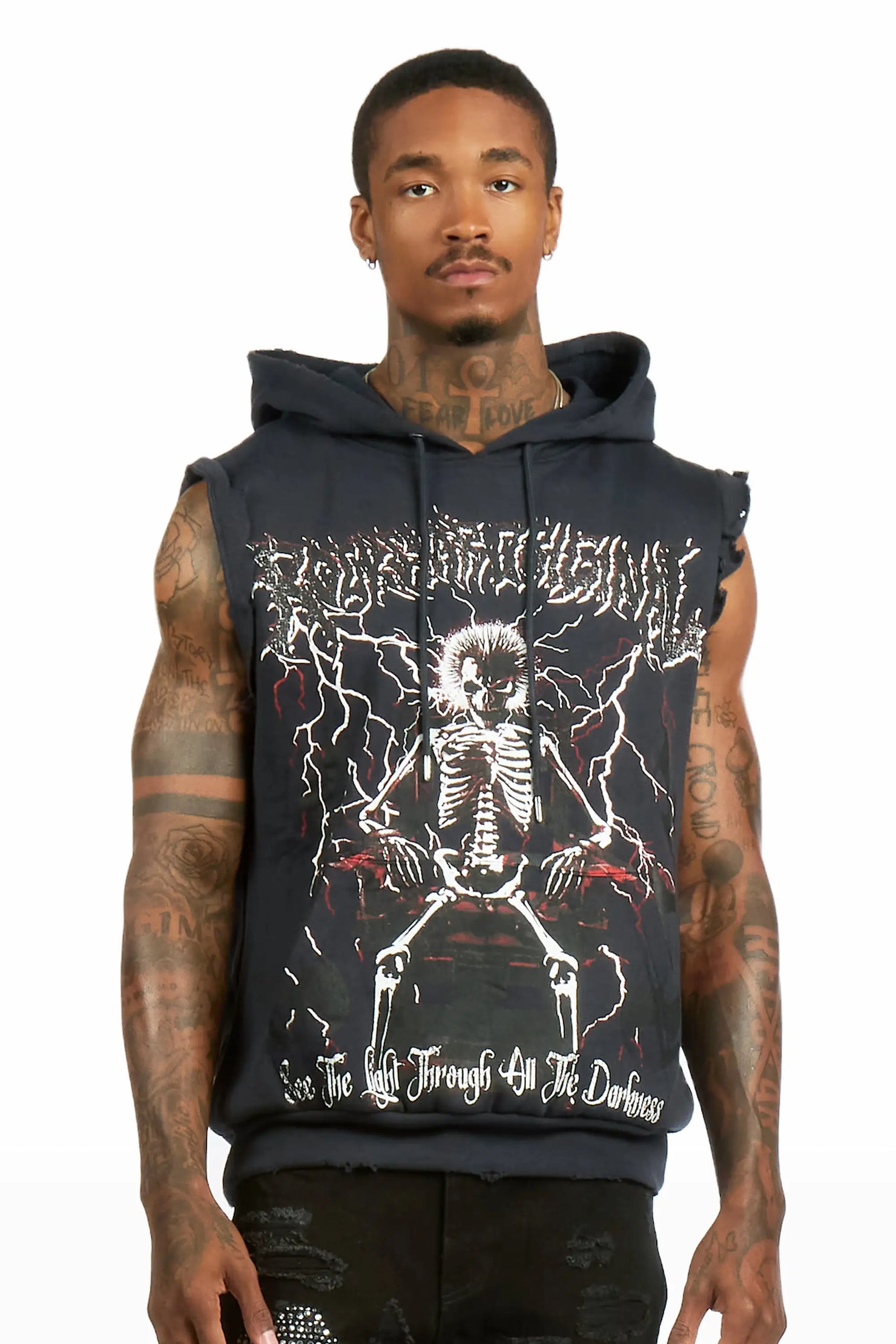 Deathrow Navy Cut Sleeve Hoodie