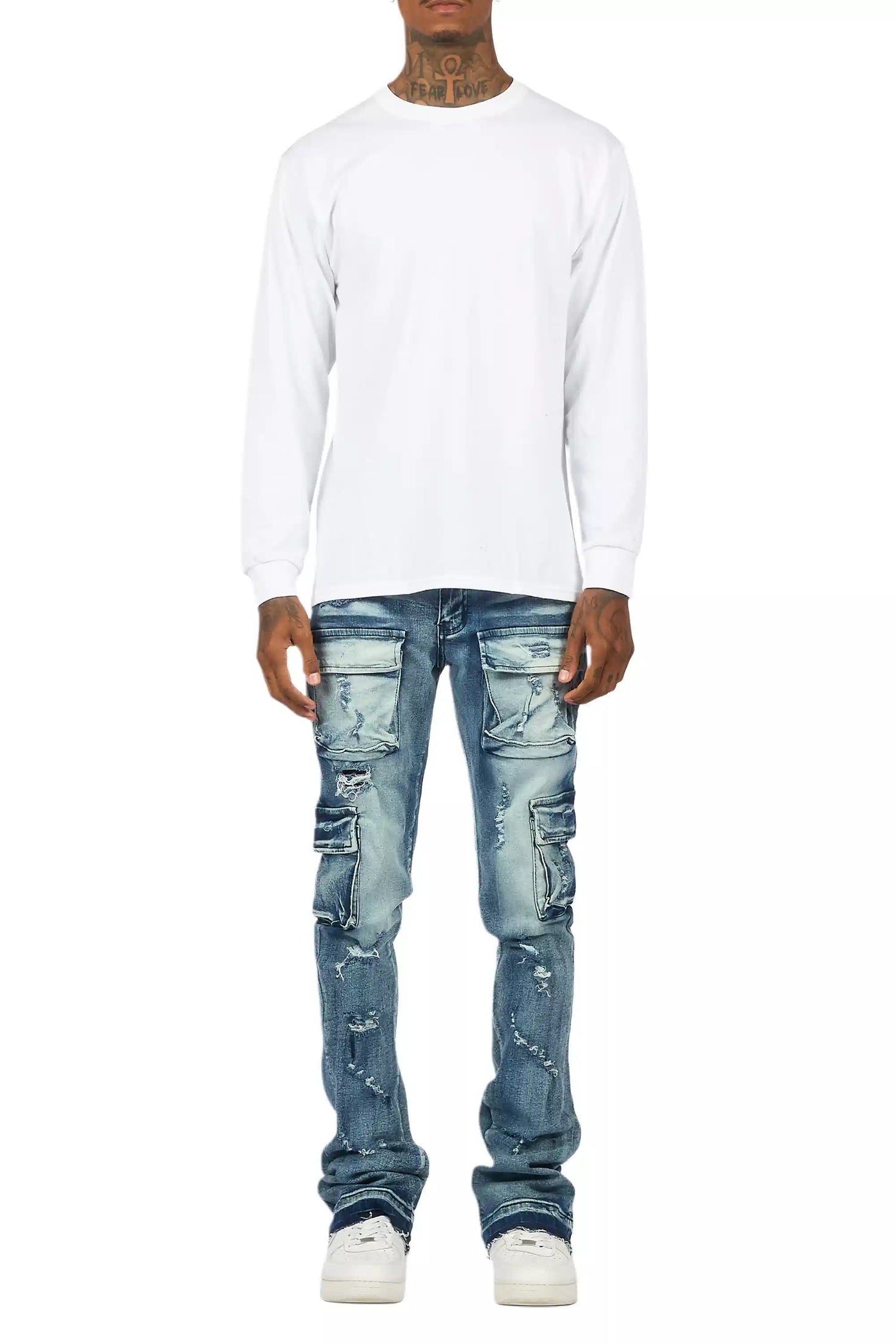 Zaid Dark Blue Stacked Flare Jean