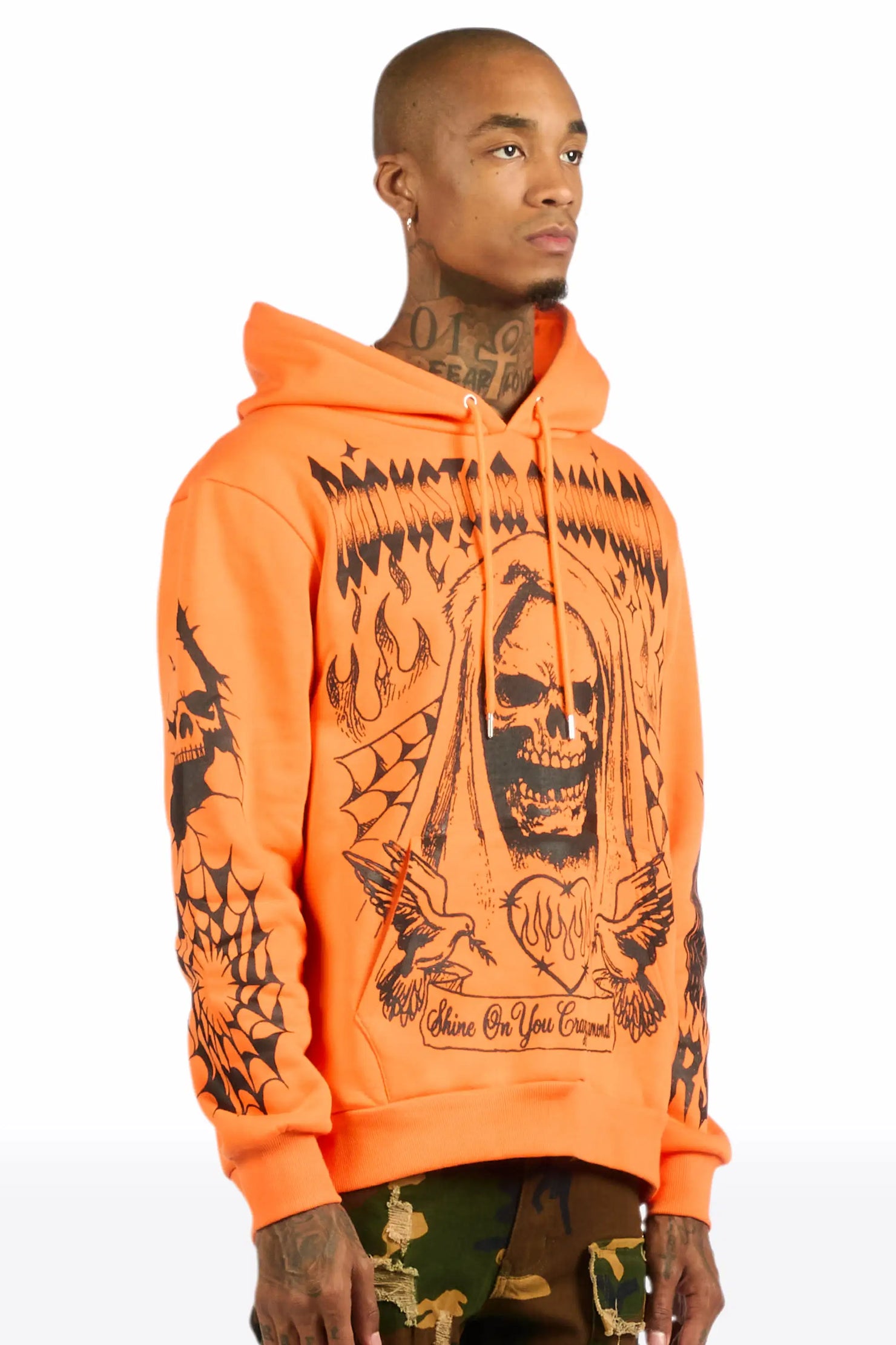 Pogboom Orange Graphic Distressed Relaxed Hoodie