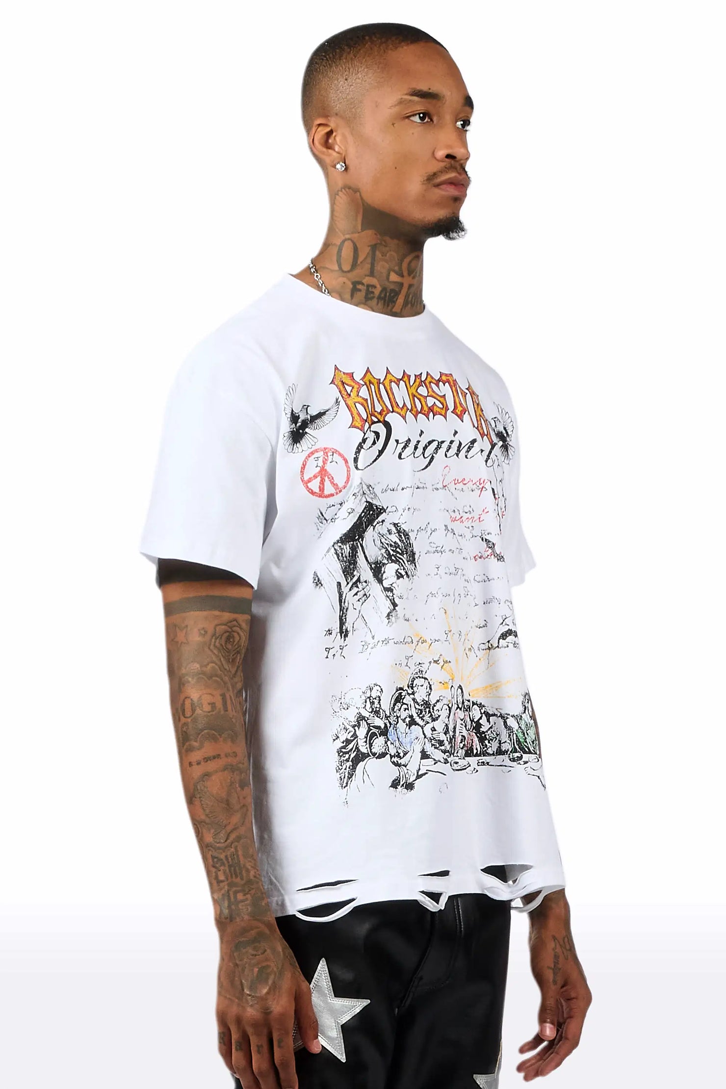 Supper Sketch White Oversized Graphic T-Shirt