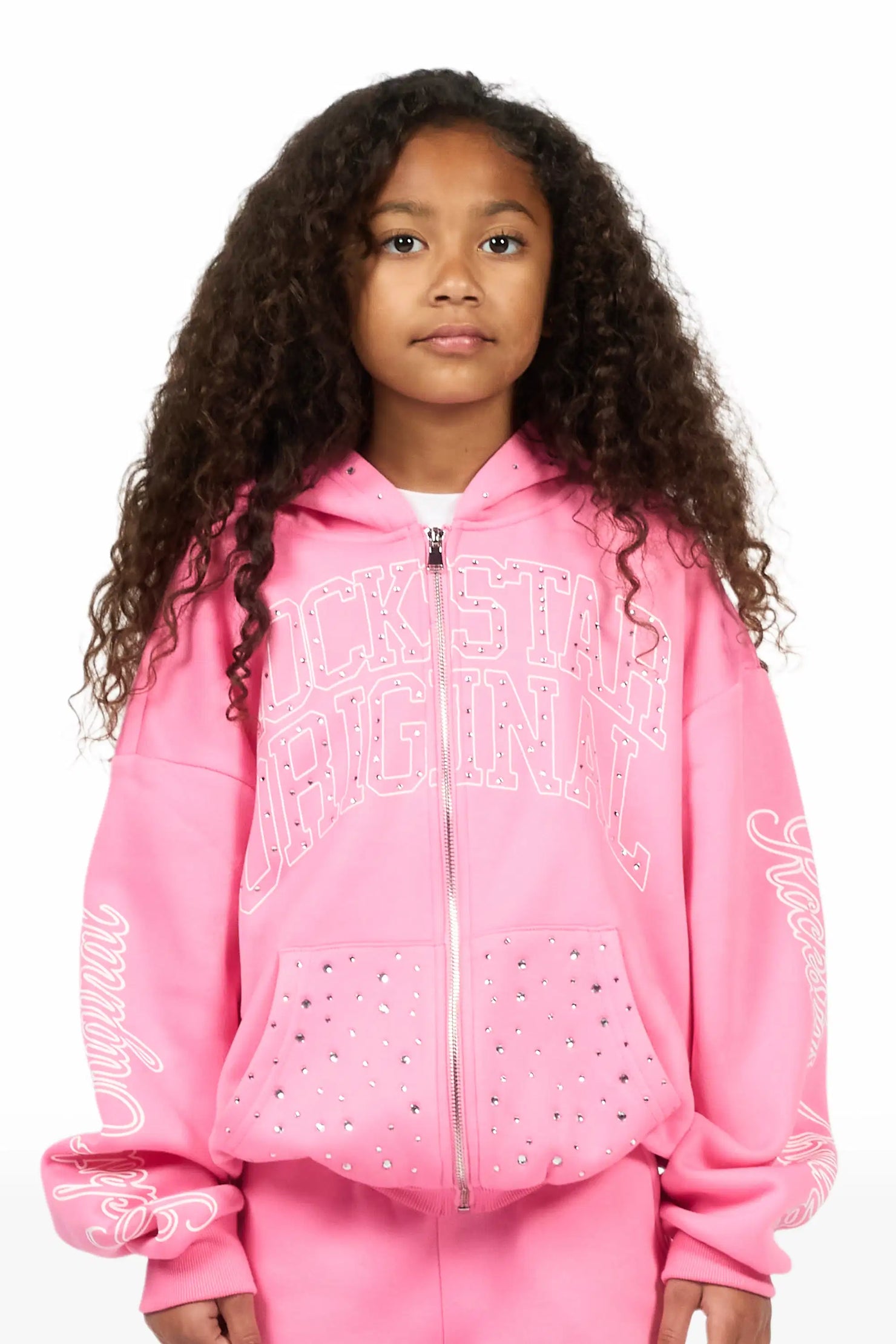 Girls Alvina Pink Rhinestone Zip Up Hoodie