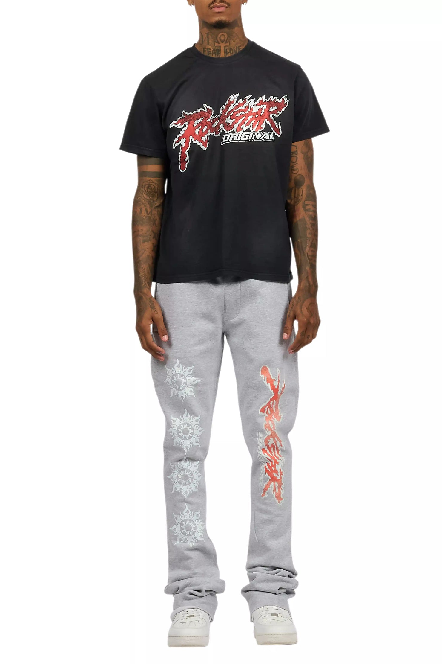 Yash Charcoal Grey T-Shirt/Stacked Flare Track Pant Set