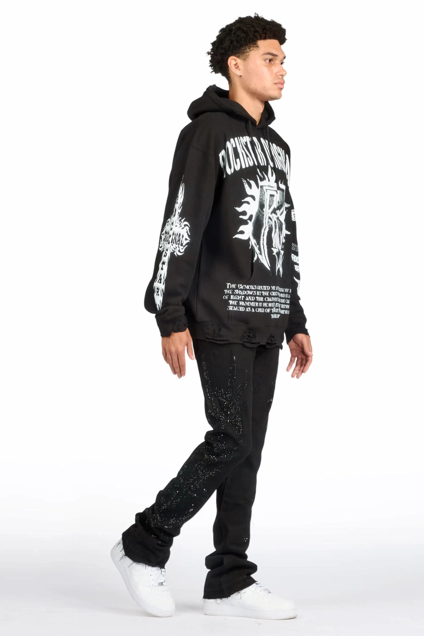 Shamaz Rhinestone Black Stacked Flare Jean