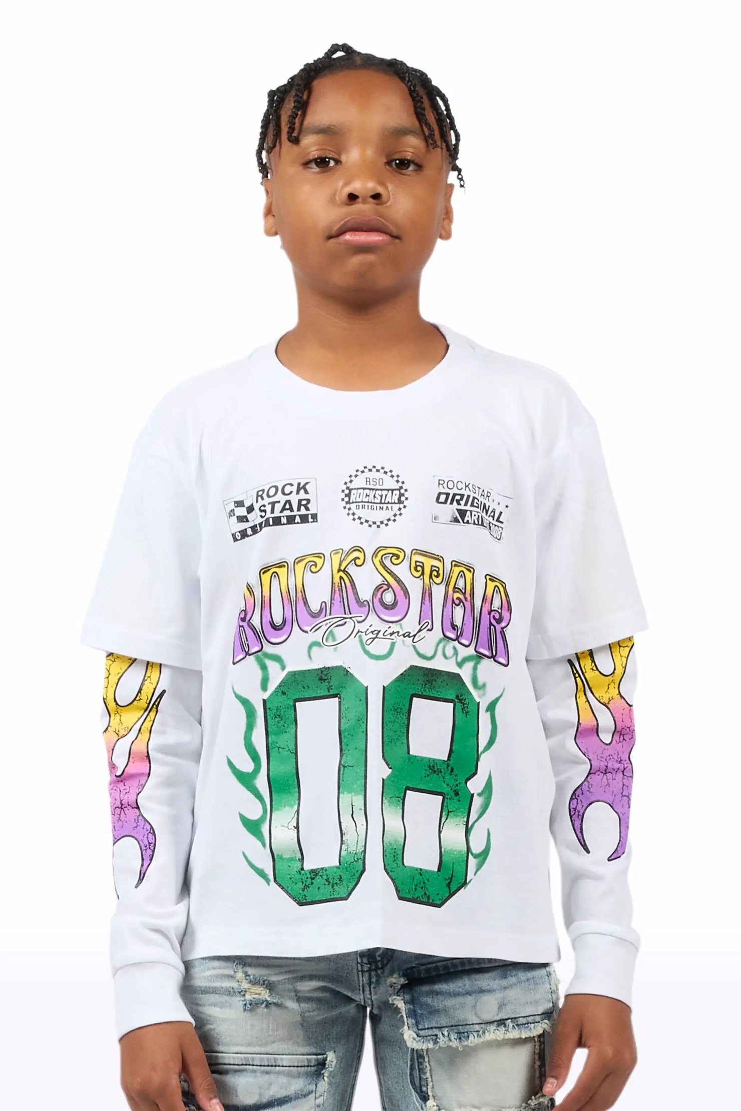 Boys Quito White Double Layer L/S Graphic T-Shirt