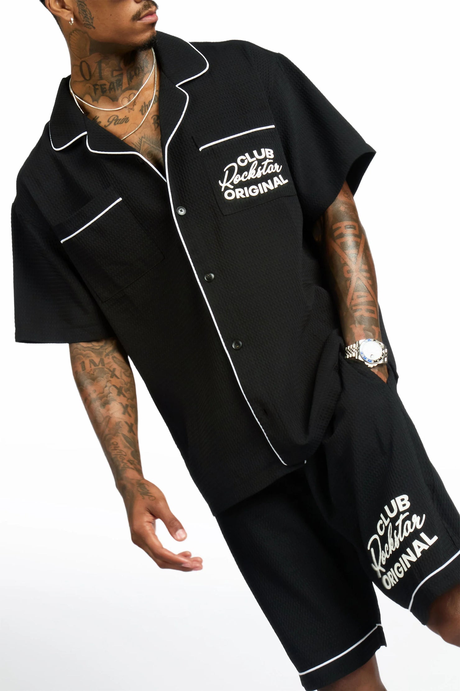 Clarence Black Button Down Shirt/Short Set