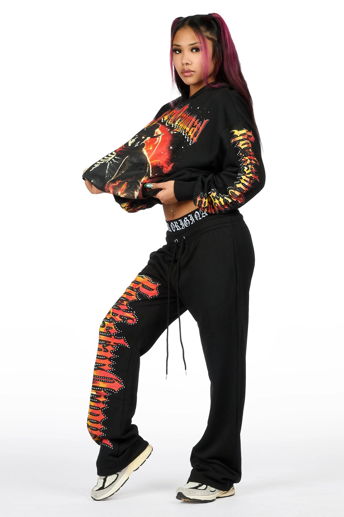 Anneleise Black Graphic Baggy Fit Track Set