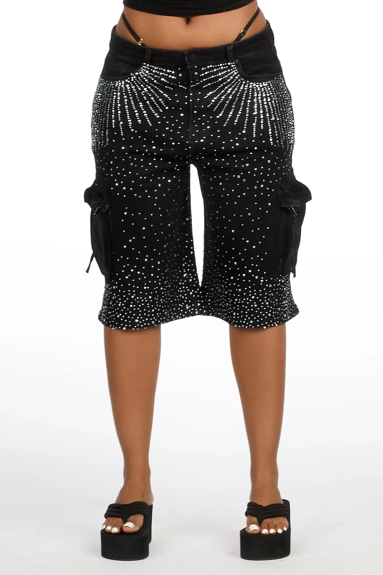 Lashandra Black Rhinestone Denim Jort