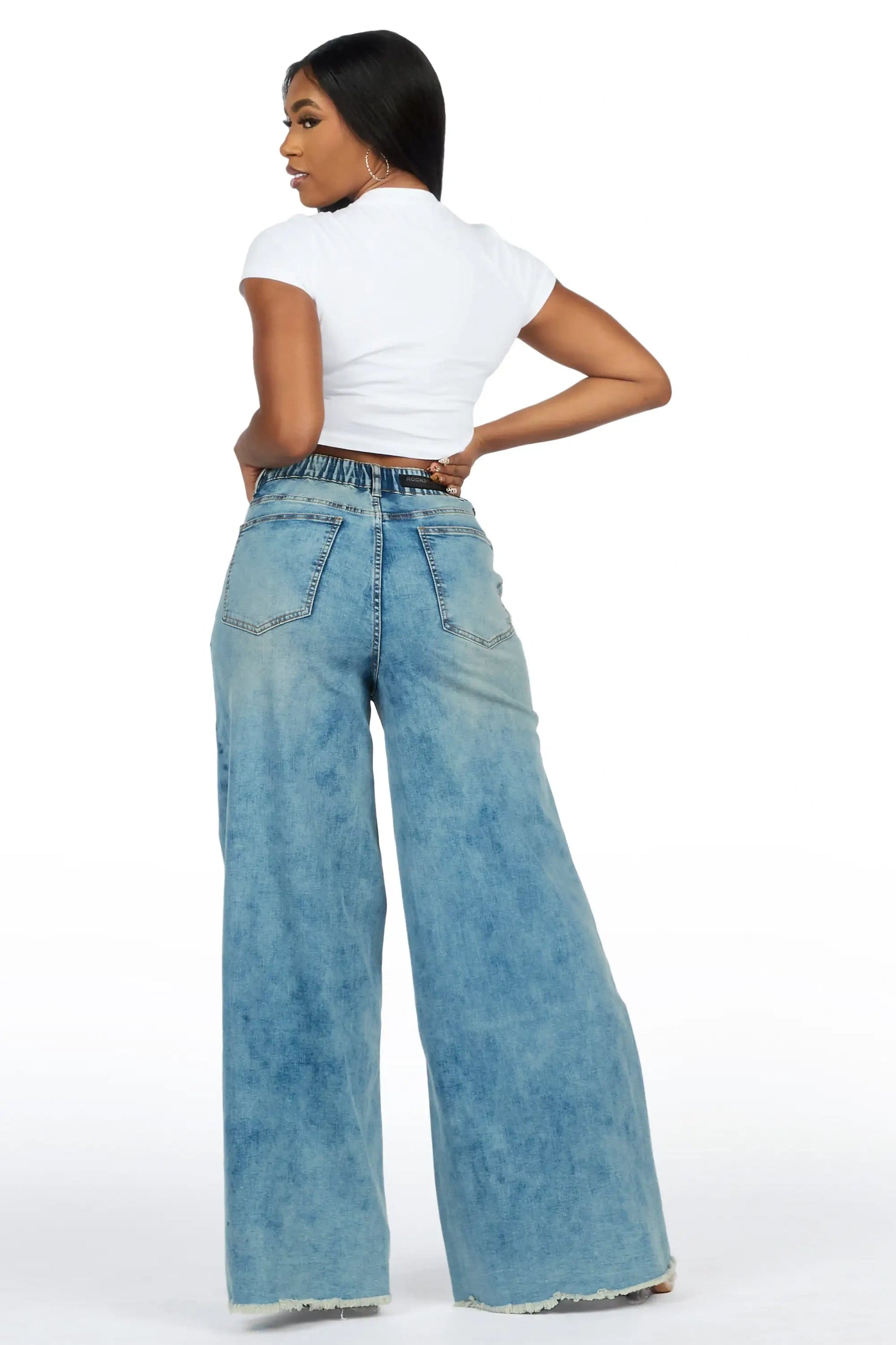 Cegaria Light Wash High Rise Elastic Back Stretch Baggy Jean