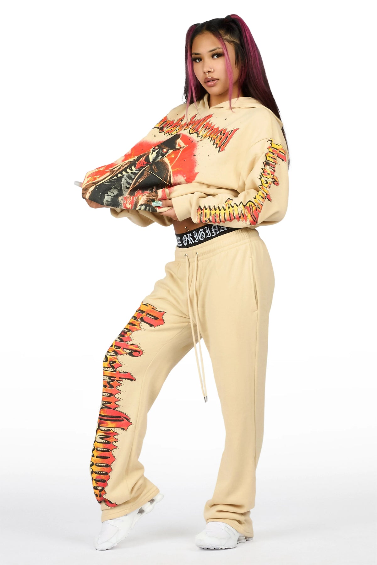 Anneleise Beige Graphic Baggy Fit Track Set