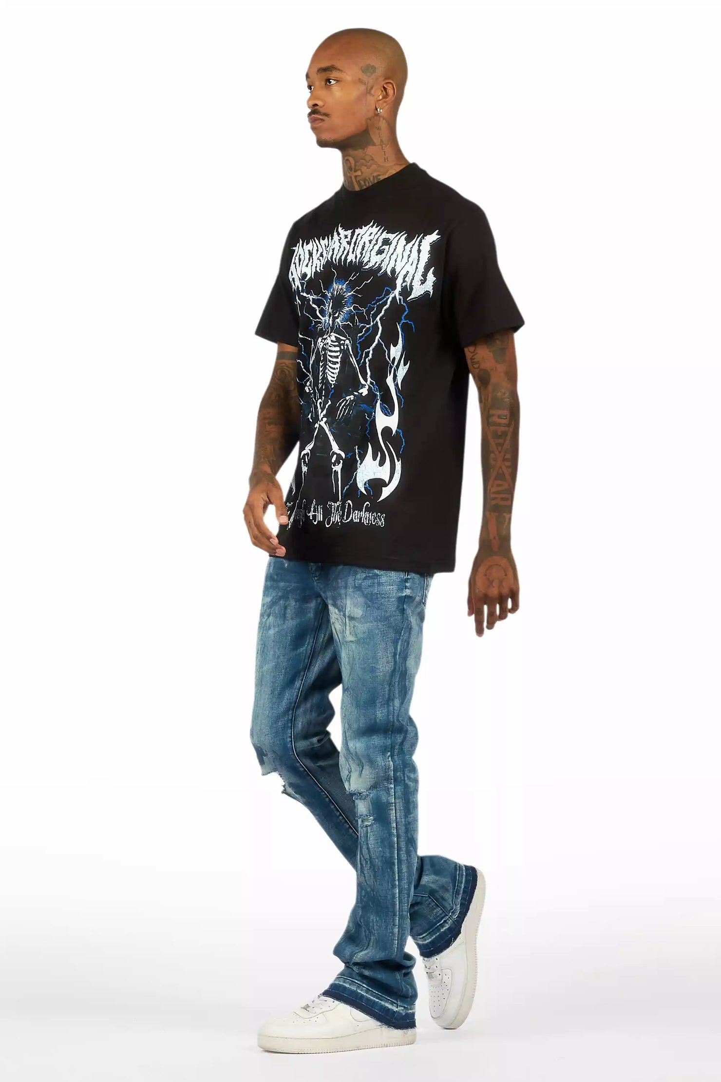 Inkspill Blue Oil Wash Stacked Flare Jean