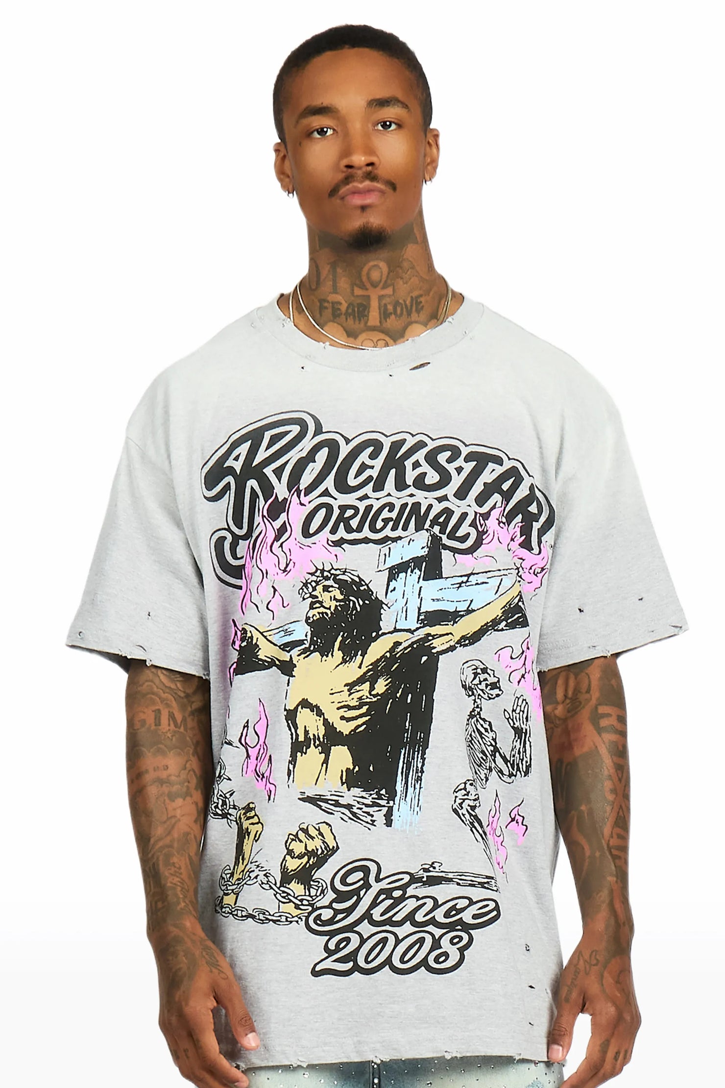 Kyren Heather Grey Oversized Graphic T-Shirt