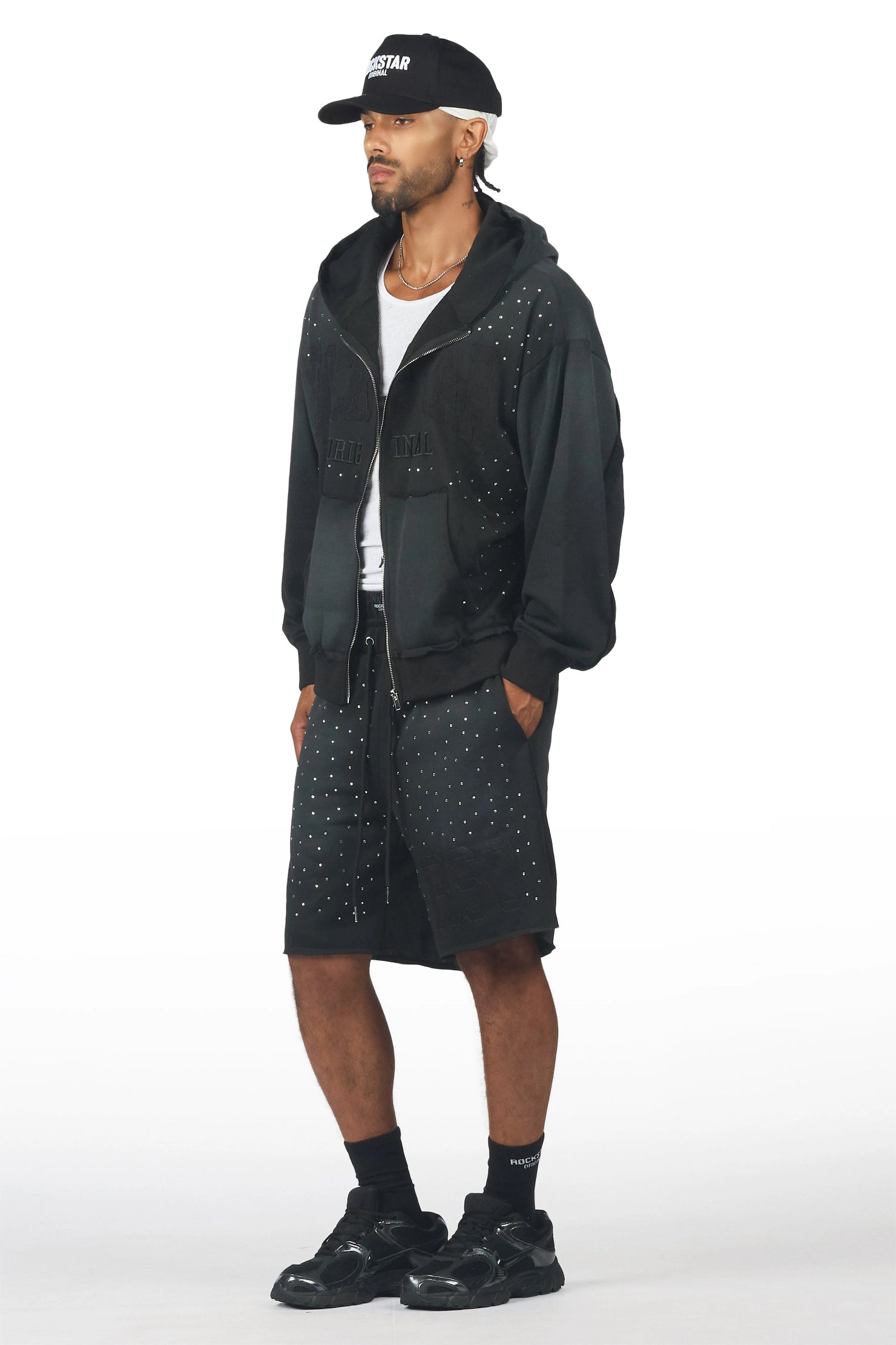 Akila Black Rhinestone Hoodie Double Waisted Short Set
