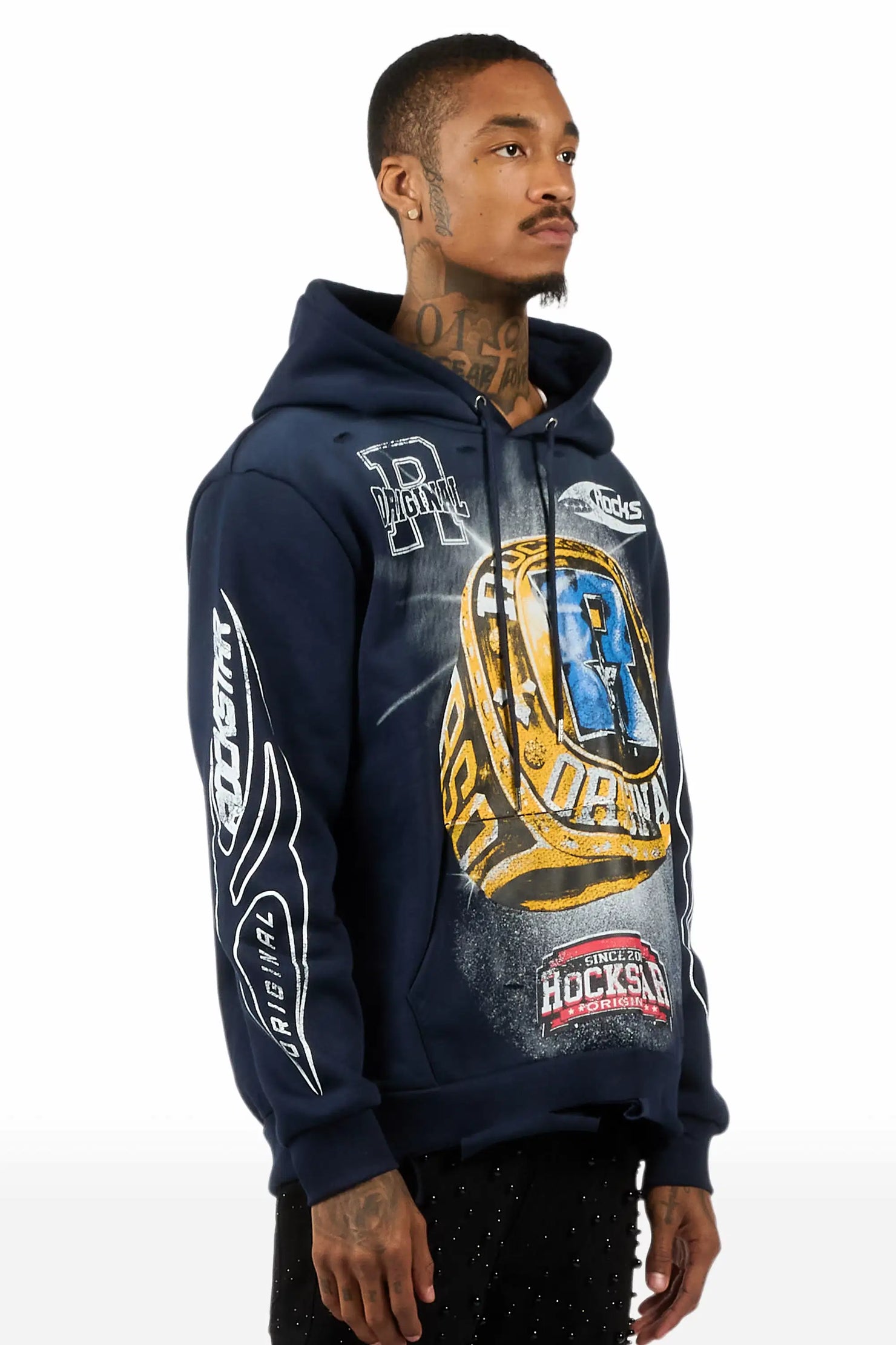 Gemchamp Navy Distressed Graphic Relaxed Hoodie