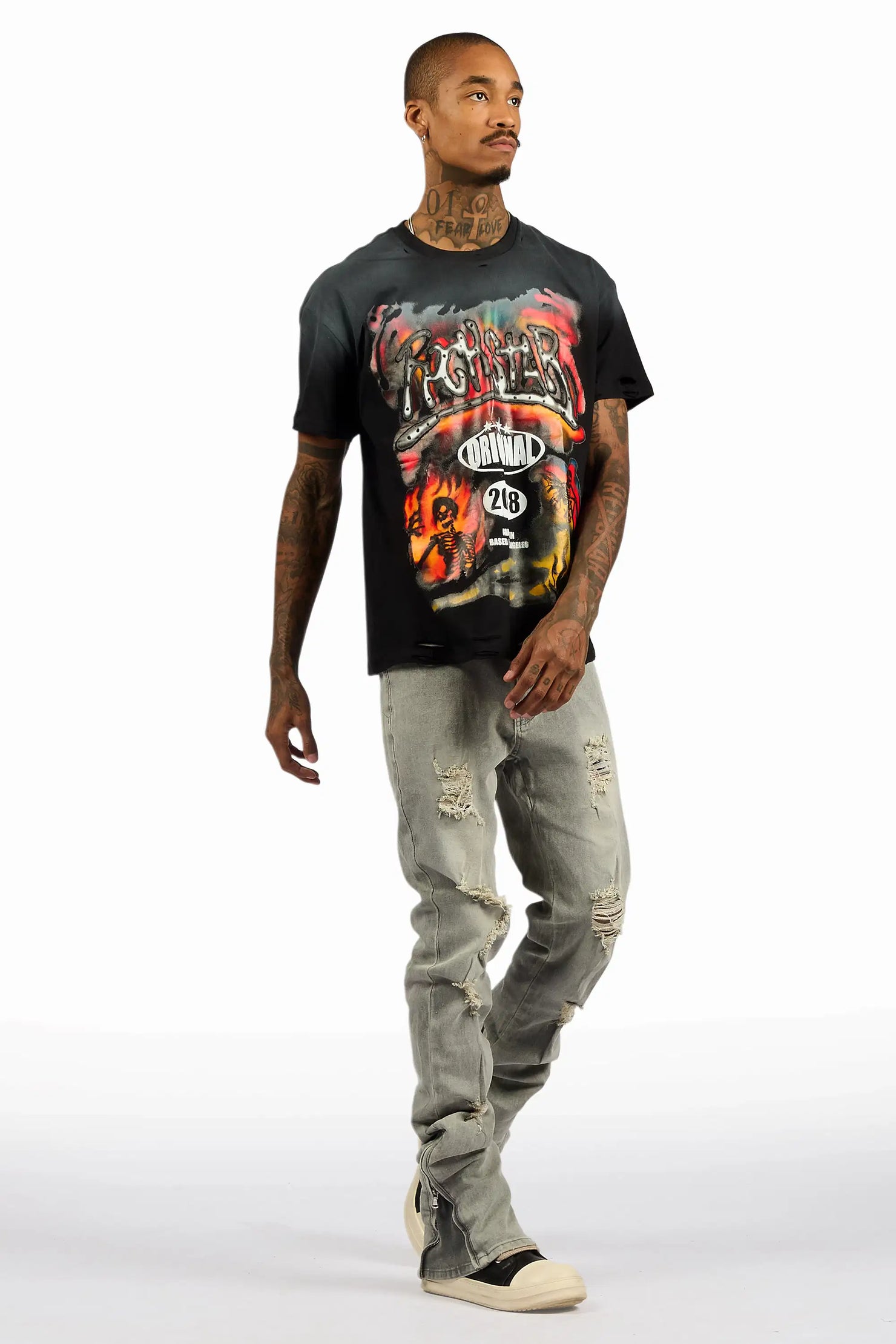 Farren Black Oversized Graphic T-Shirt/Stacked Flare Jean Bundle