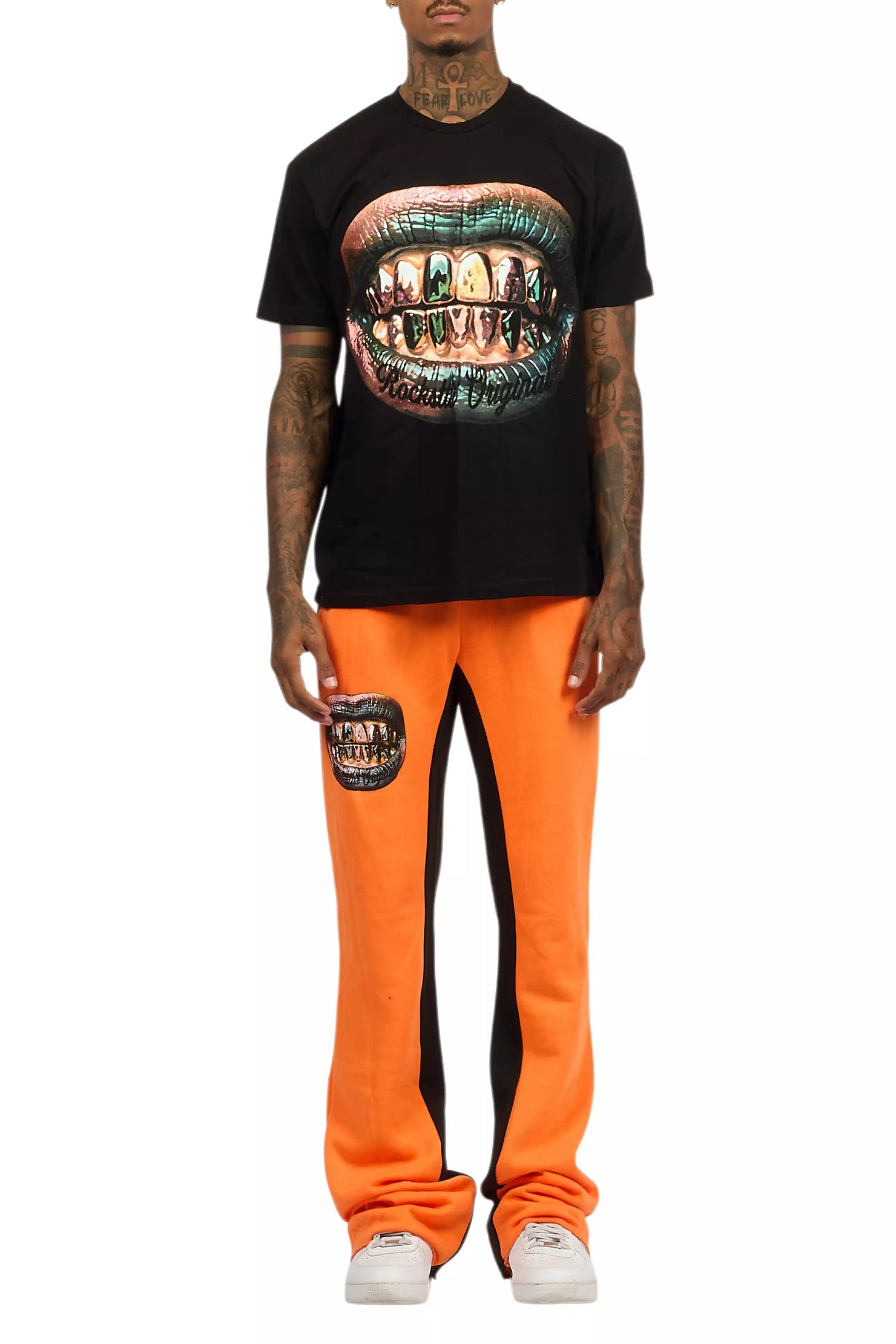 Darce Black/Orange T-Shirt/Stacked Baggy Track Pant Set