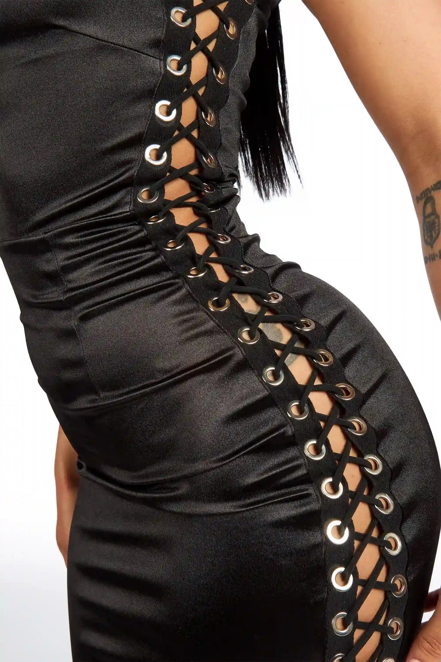 Studded-Out Lace-Up Black Midi Dress