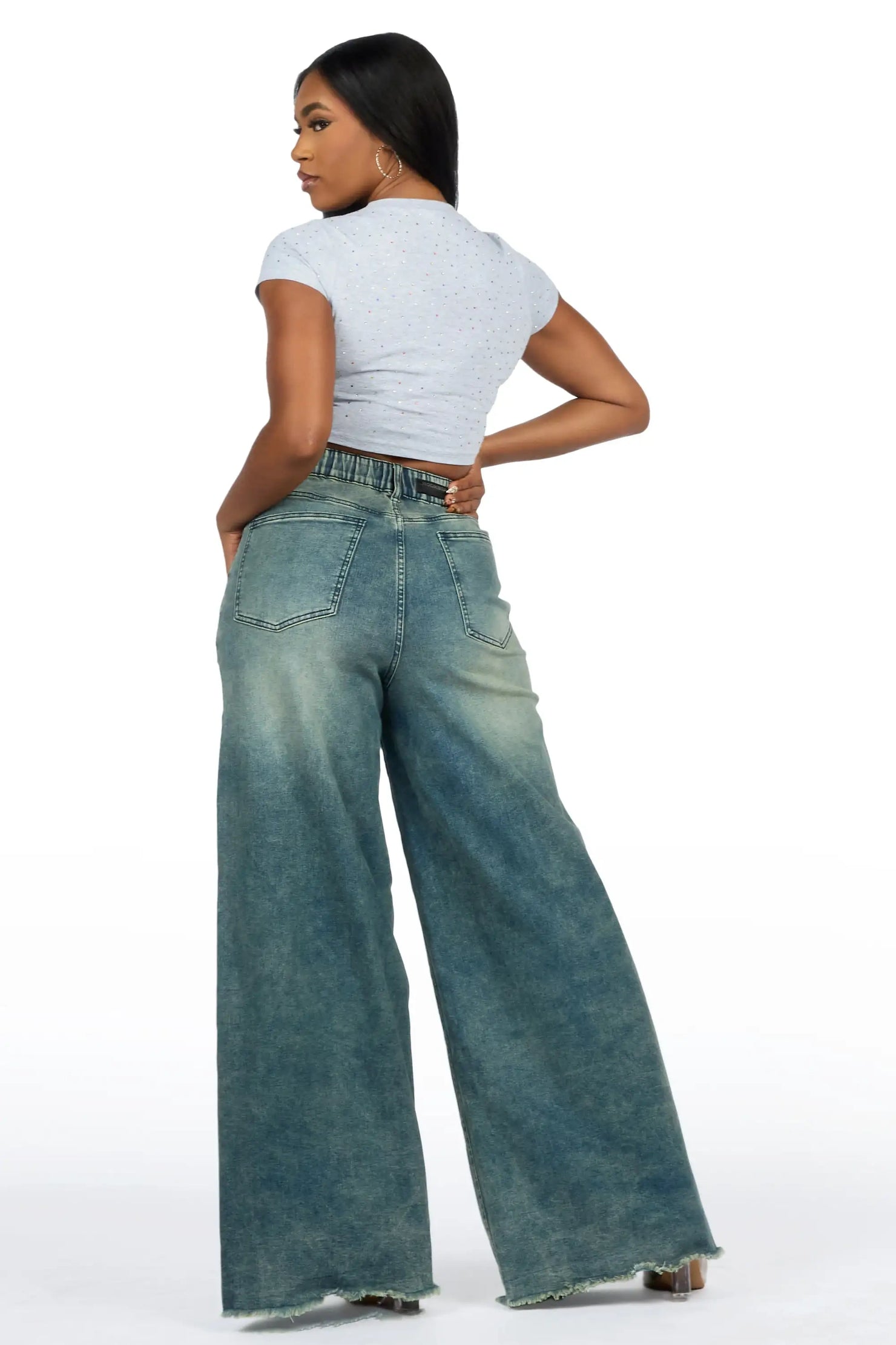 Cegaria Tint Wash High Rise Elastic Back Stretch Baggy Jean