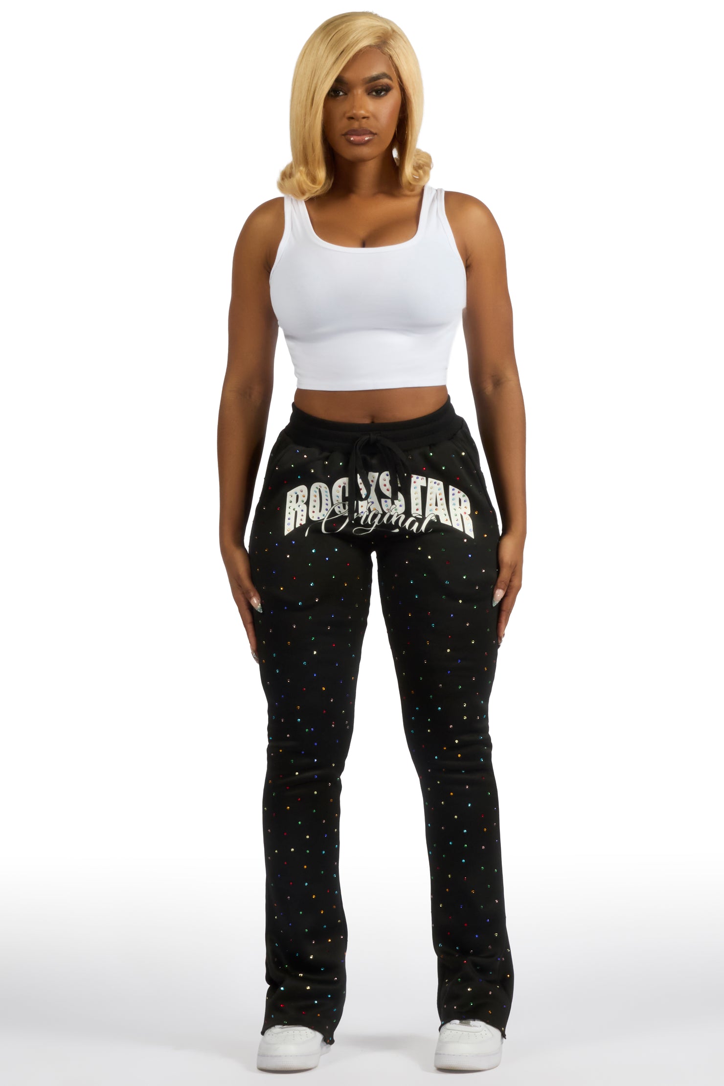 Franchesca Black Rhinestone Stacked Track Pant