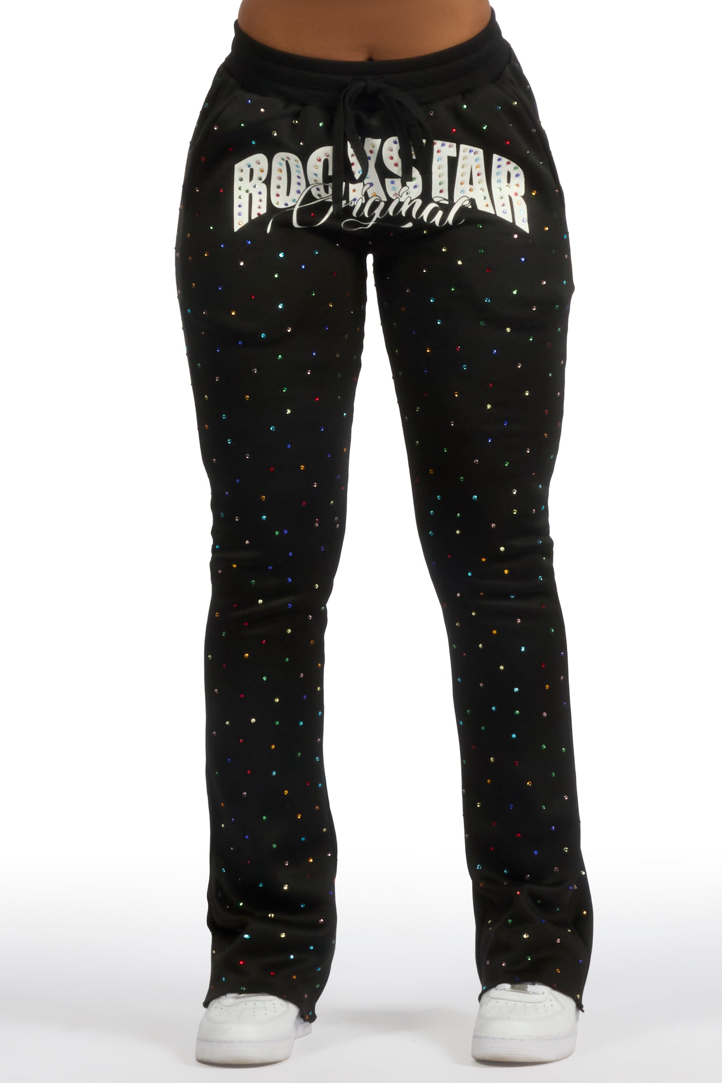 Franchesca Black Rhinestone Stacked Track Pant