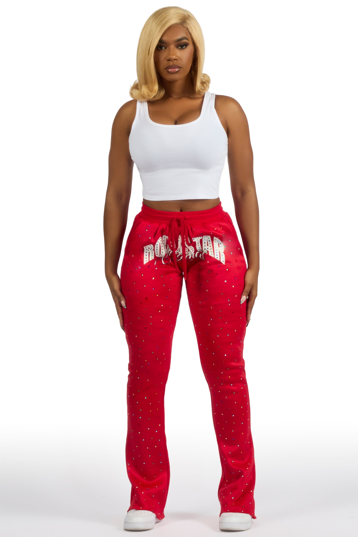 Franchesca Red Rhinestone Stacked Track Pant