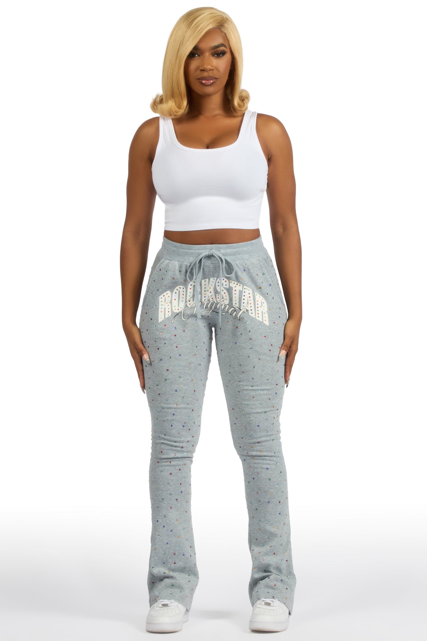 Franchesca Heather Grey Rhinestone Stacked Track Pant