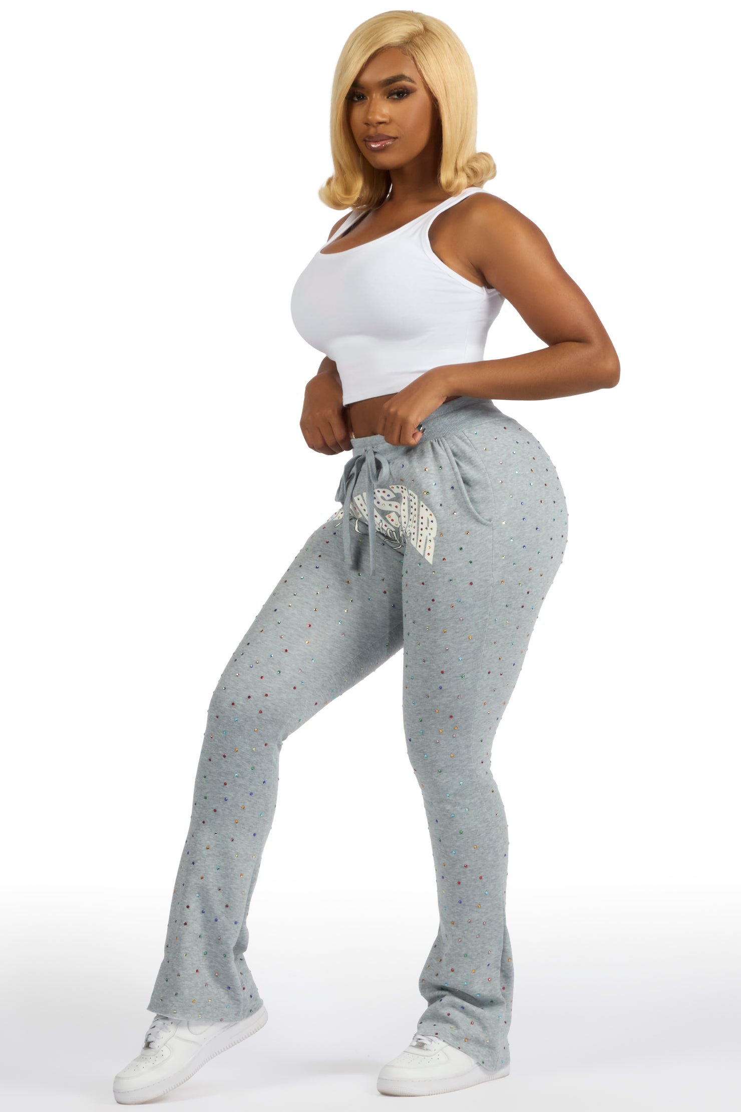 Franchesca Heather Grey Rhinestone Stacked Track Pant