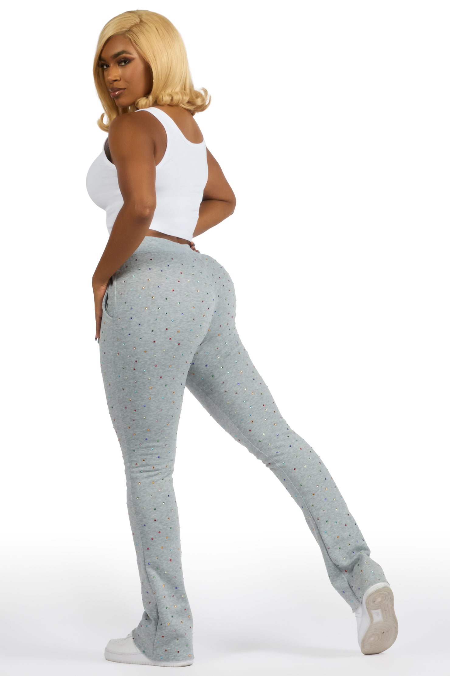 Franchesca Heather Grey Rhinestone Stacked Track Pant