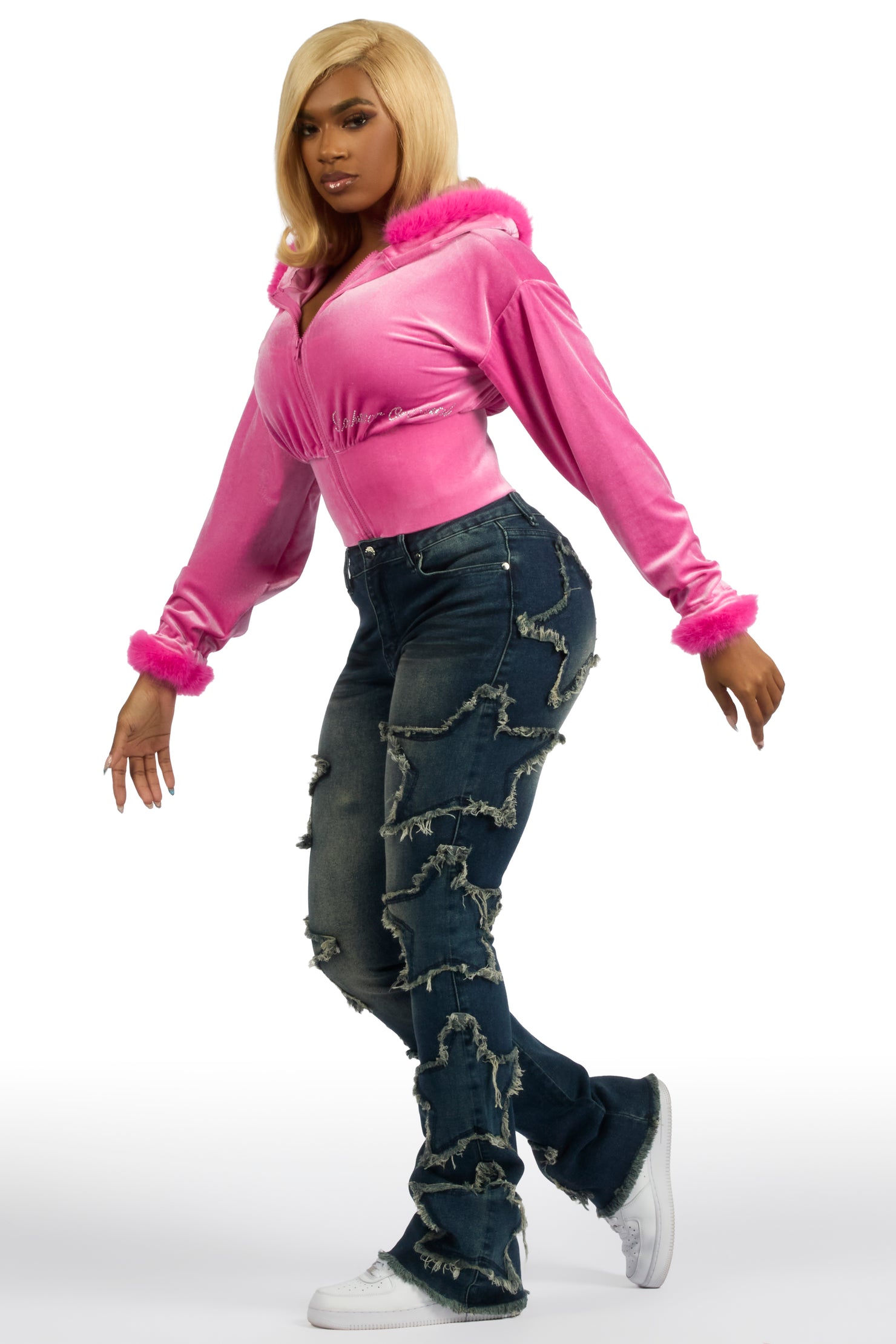 Shanika Pink Velour Crop Hoodie With Fur Hood