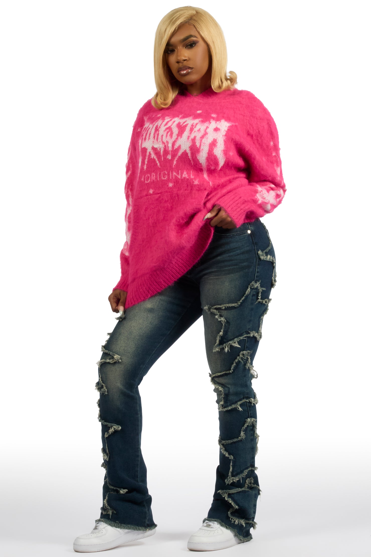 Keshay Pink Graphic Knit Hoodie