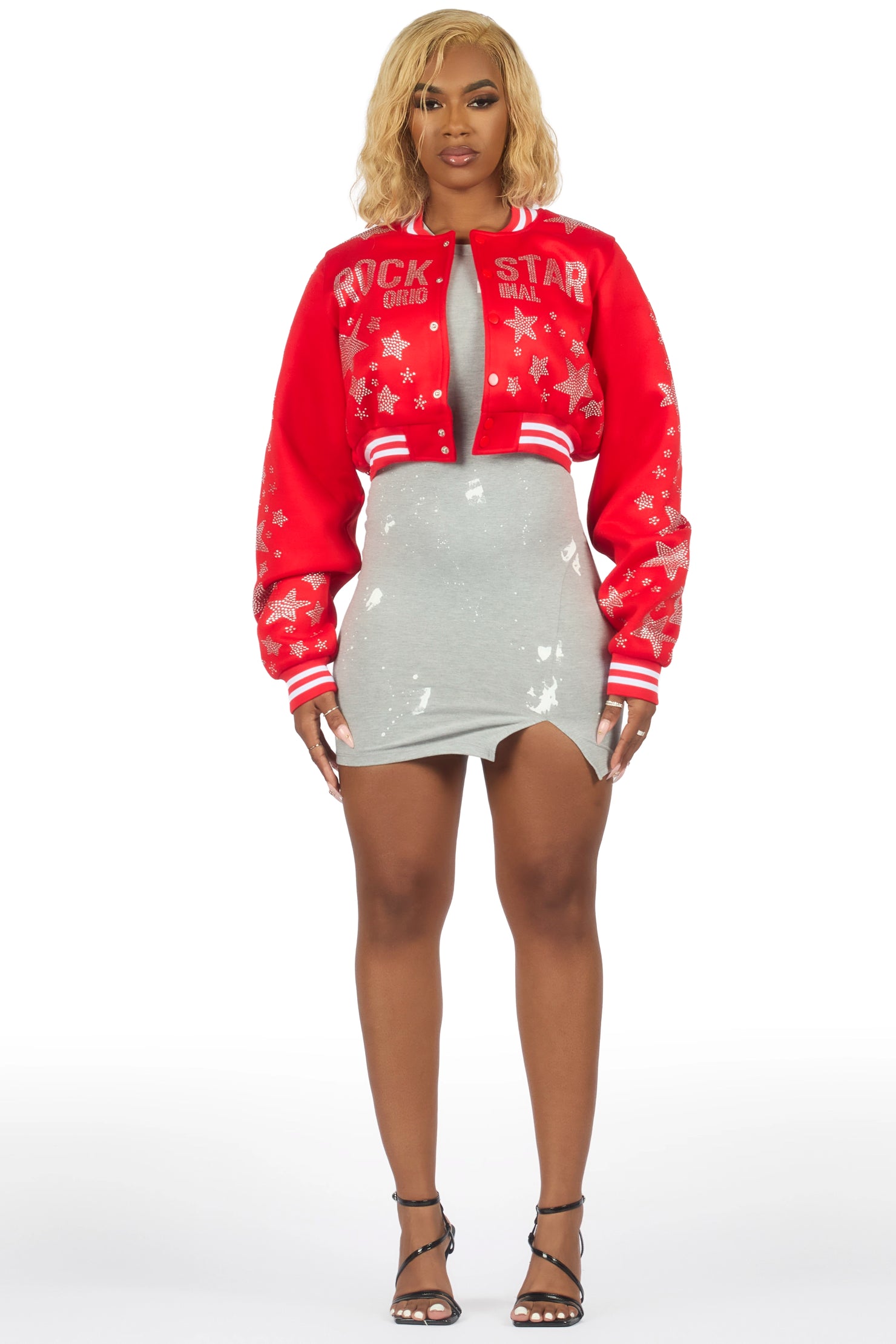 Shanda Red Crop Rhinestone Varsity Jacket