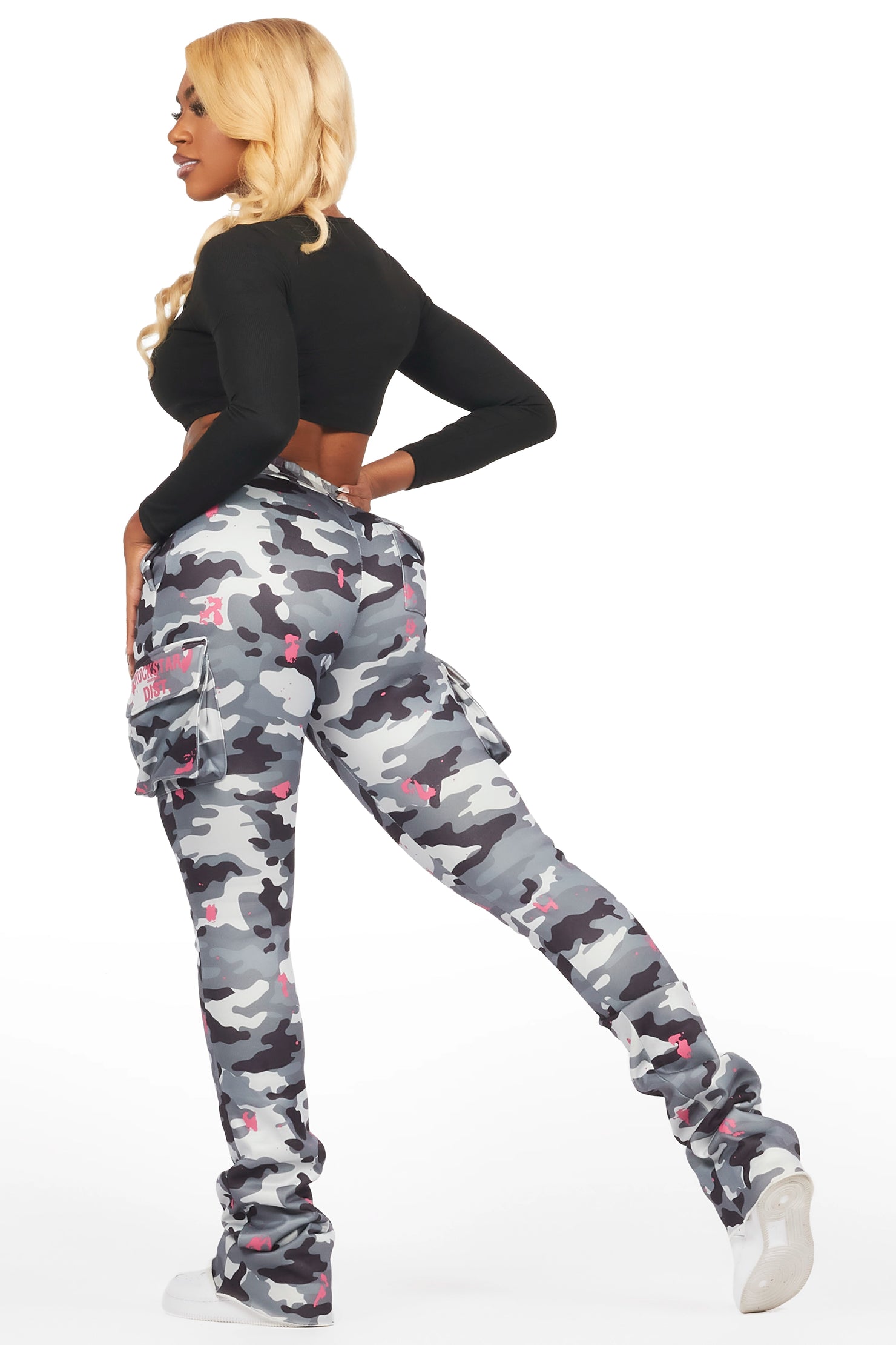 Lavenda Grey Camo Cargo Stacked Track Pant