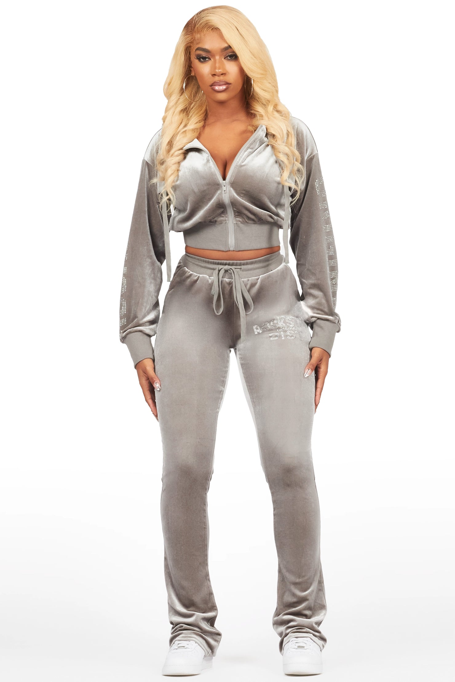 Shakura Grey Stacked Rhinestone Velour Trackset