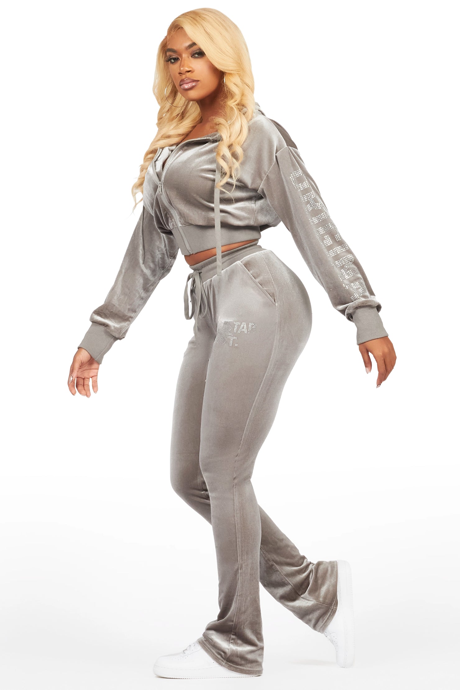 Shakura Grey Stacked Rhinestone Velour Trackset