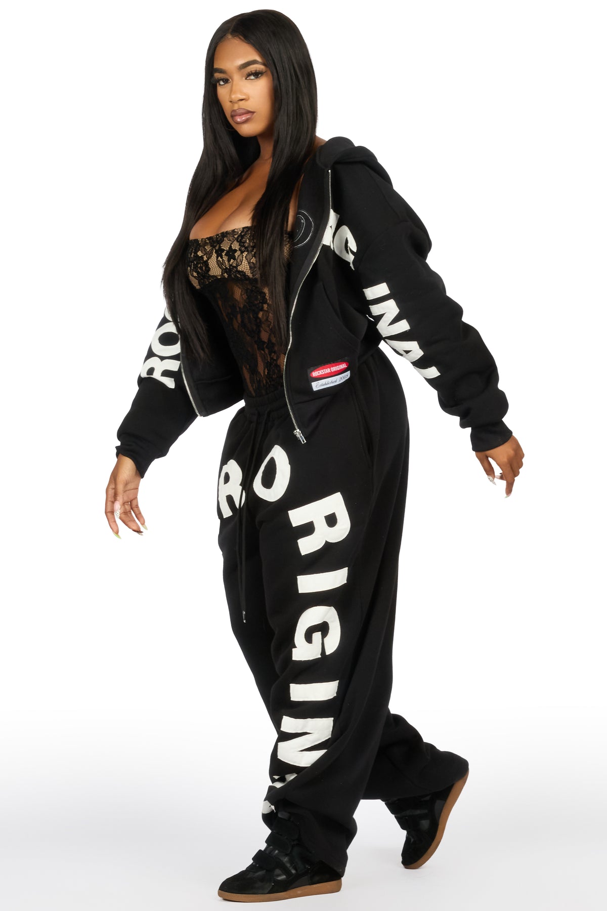 Raynecia Black Zip Up Baggy Fit Track Set