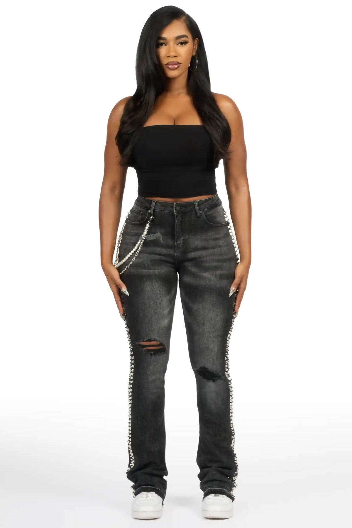 Shaquayla Black Studded Stacked Flare Jean